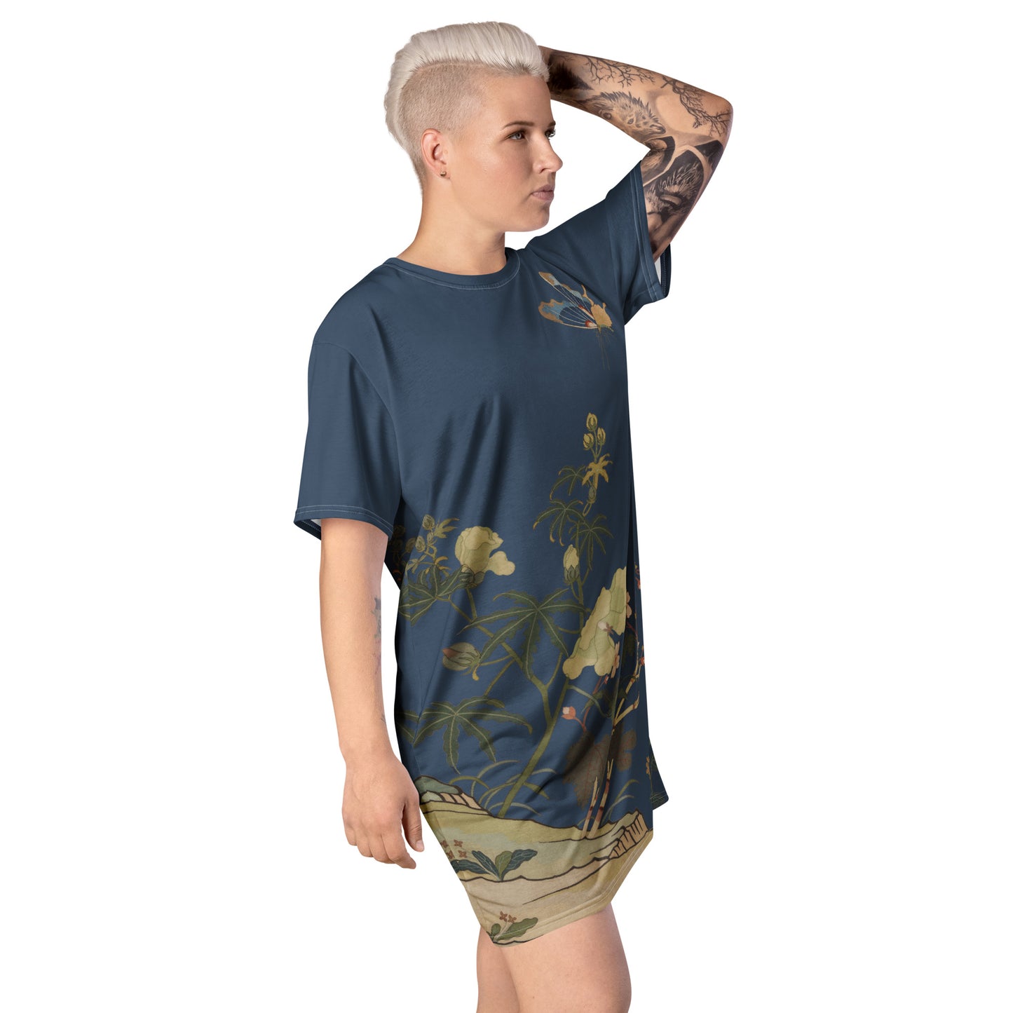 Kesi Flower Album｜Hibiscus and Begonia Blossoms｜T-shirt dress｜Dark blue