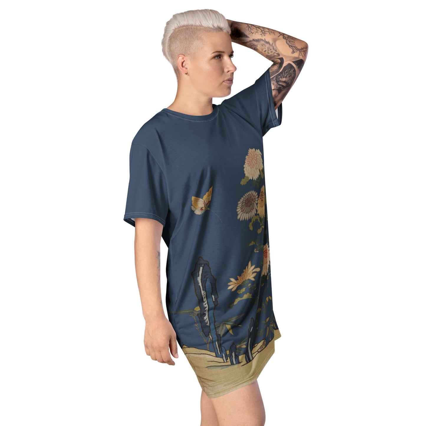 Kesi Flower Album｜Chrysanthemums and Butterflies｜T-shirt dress｜Dark blue