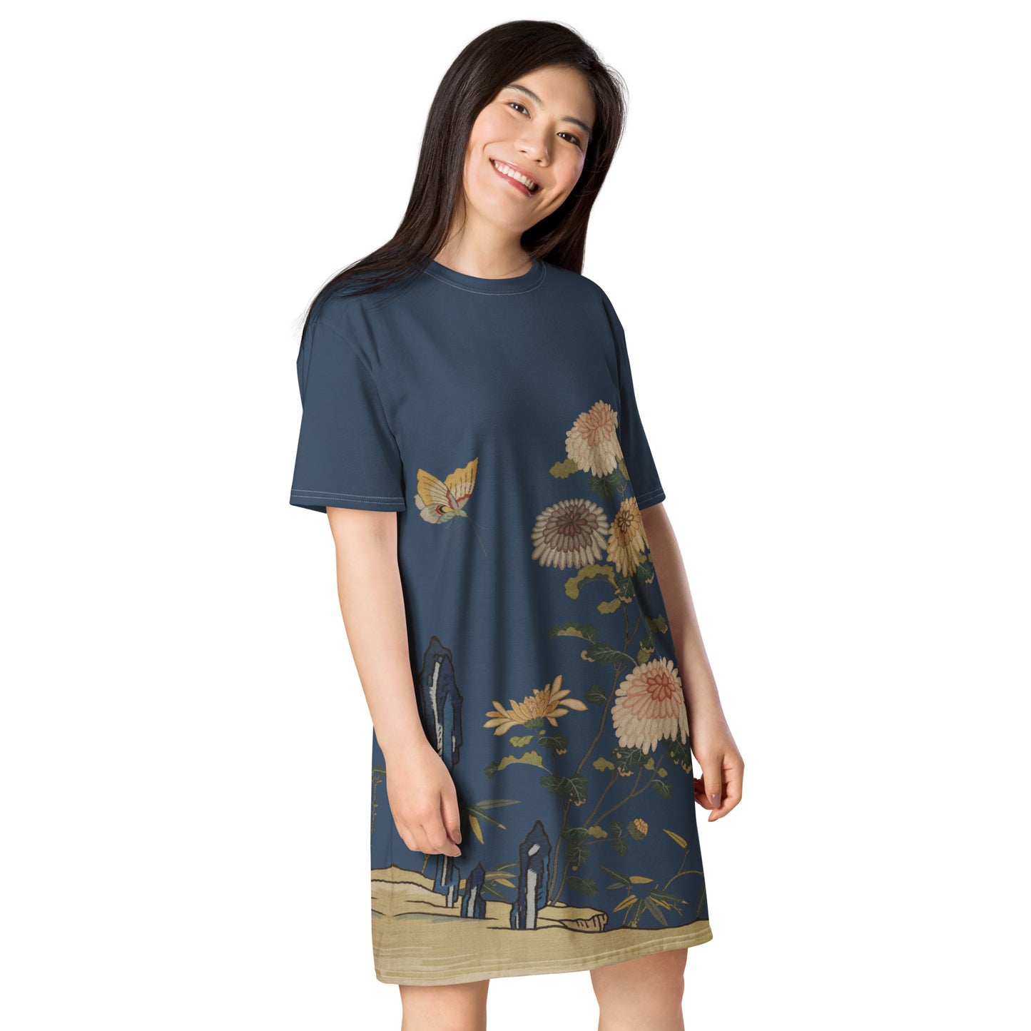 タペストリーの花｜Chrysanthemums and Butterflies｜T-shirt dress｜Dark blue