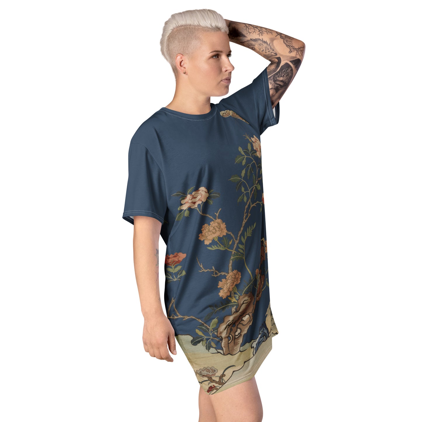 Kesi Flower Album｜Camellia and Butterfly｜T-shirt dress｜Dark blue