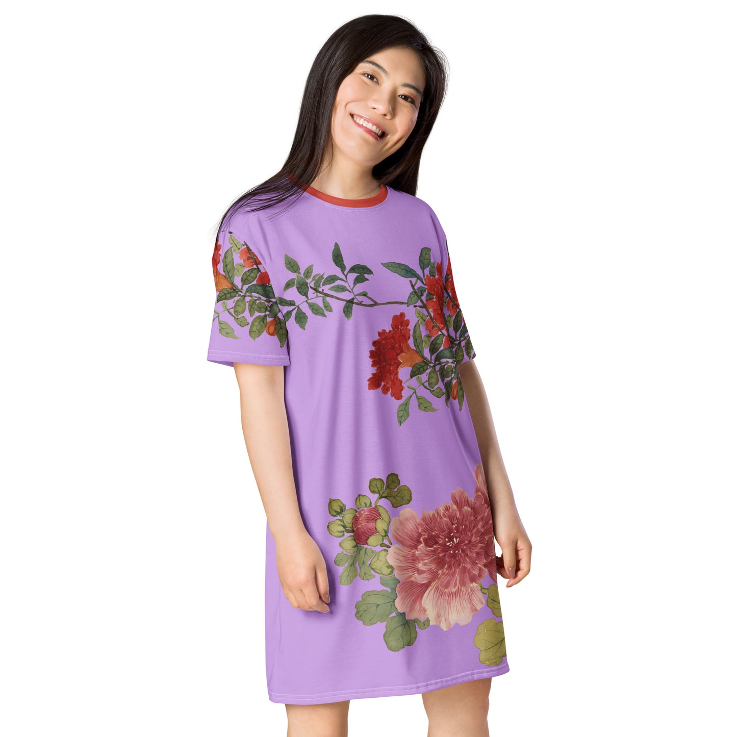 The Spirit of Flowers in Twelve Months｜Hollyhock and Pomegranate in Bloom｜T-shirt dress｜Lilac