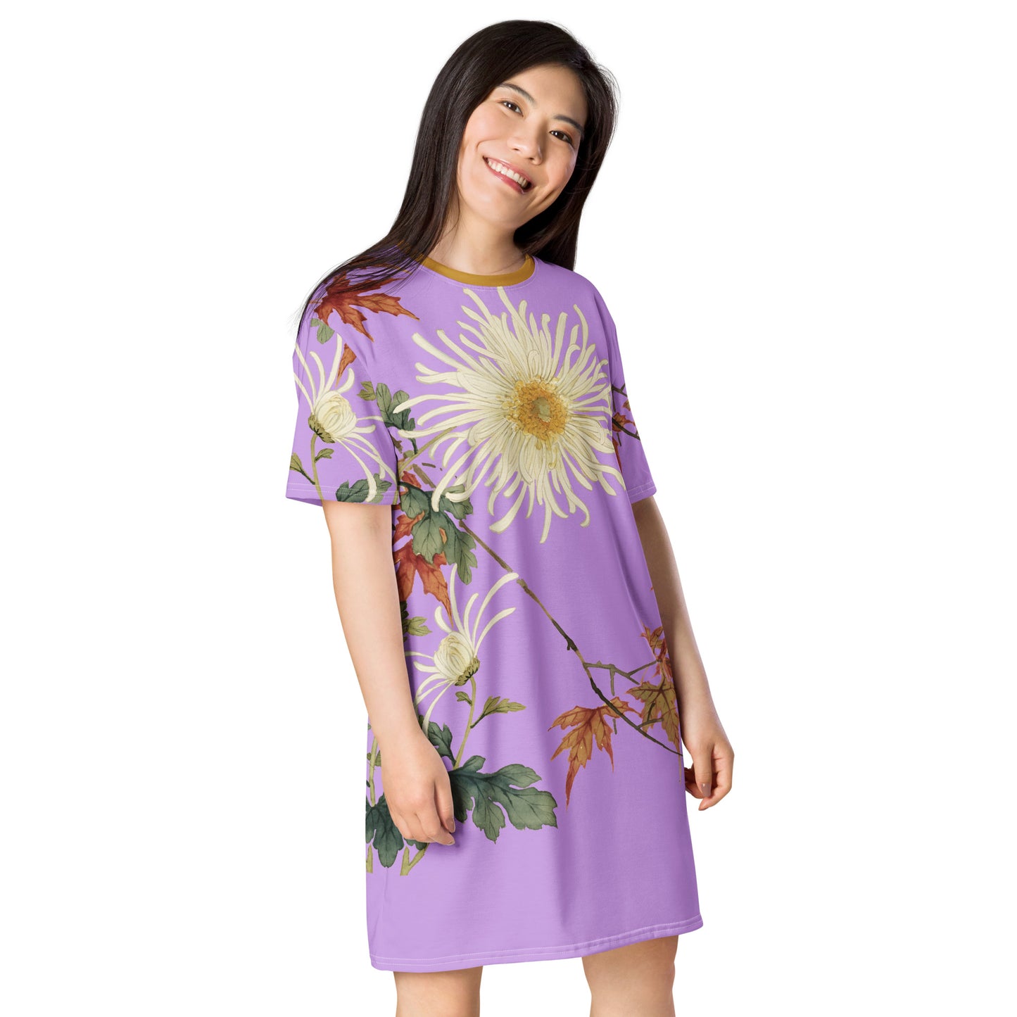 The Spirit of Flowers in Twelve Months｜Blooming Chrysanthemum and Maple Leaves｜T-shirt dress｜Lilac