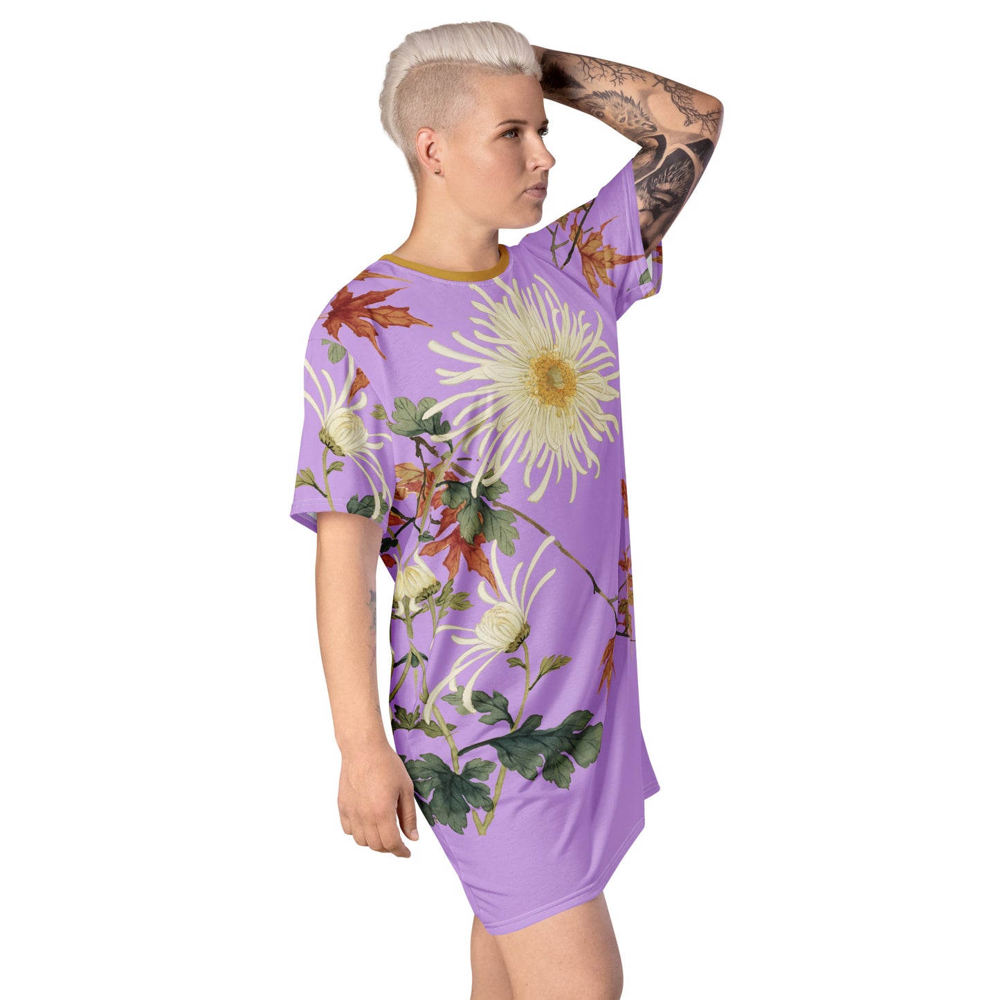 The Spirit of Flowers in Twelve Months｜Blooming Chrysanthemum and Maple Leaves｜T-shirt dress｜Lilac