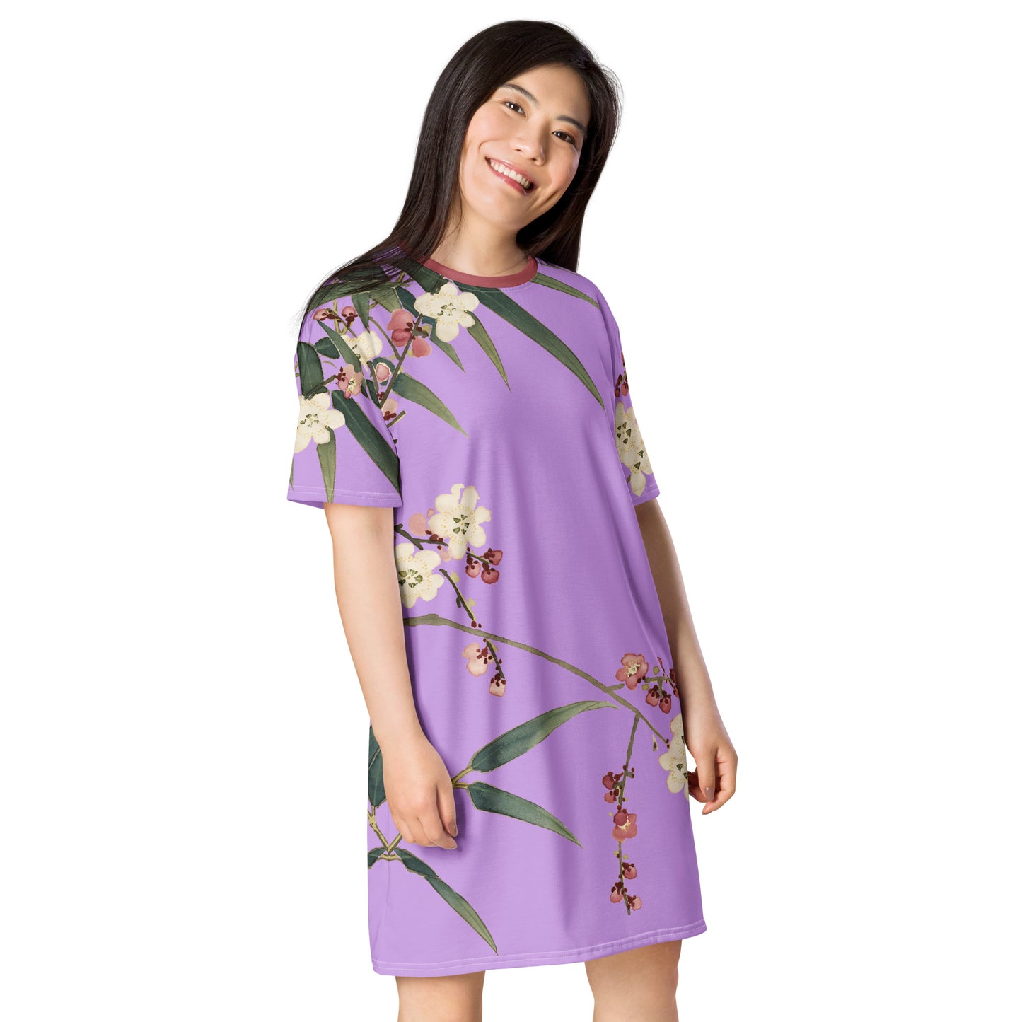 The Spirit of Flowers in Twelve Months｜Crimson Plum Blossom and Lush Green Bamboo｜T-shirt dress｜Lilac