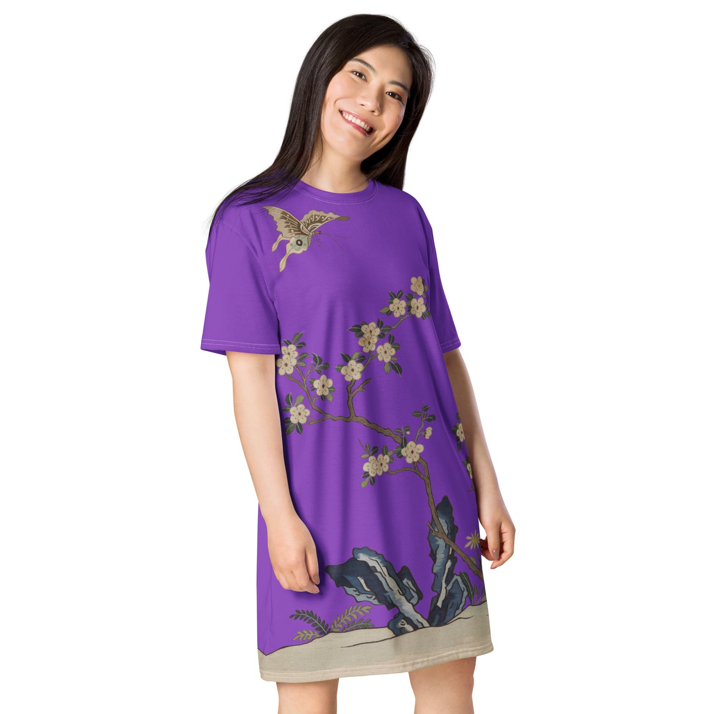 Kesi Flower Album｜White Plum Blossoms and Butterfly｜T-shirt dress｜Purple