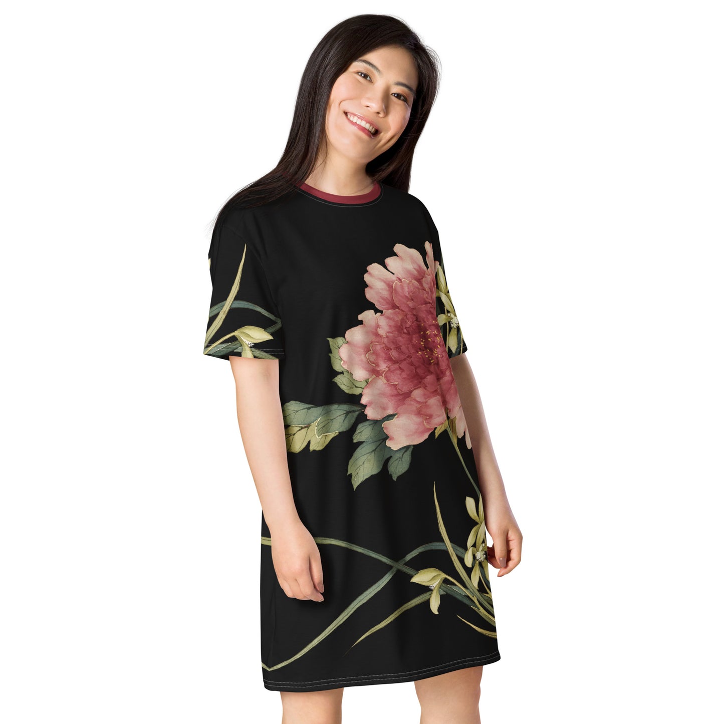 The Spirit of Flowers in Twelve Months｜Orchid and Tree Peony in Bloom｜T-shirt dress｜Black