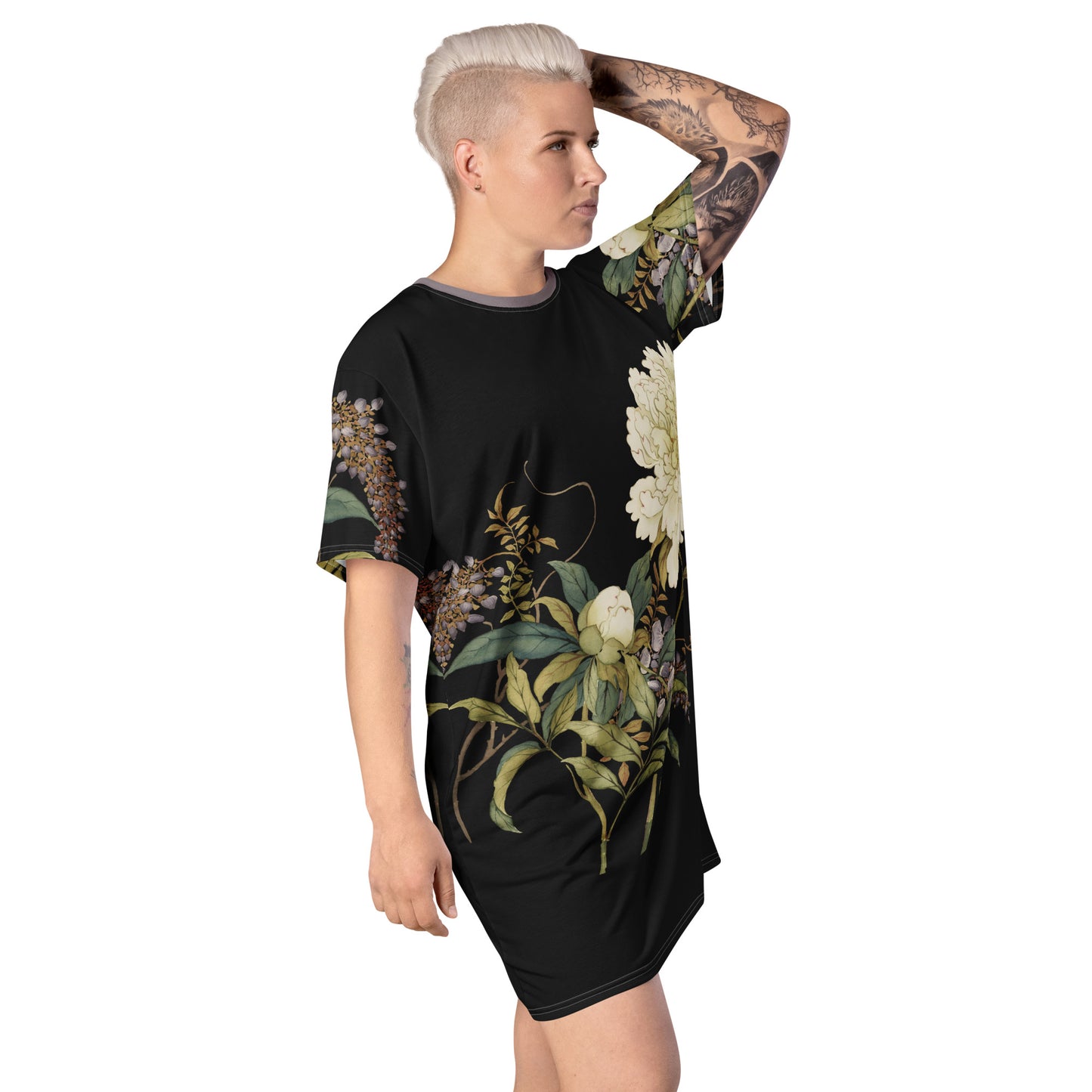 The Spirit of Flowers in Twelve Months｜Chinese Peony and Wisteria in Bloom｜T-shirt dress｜Black