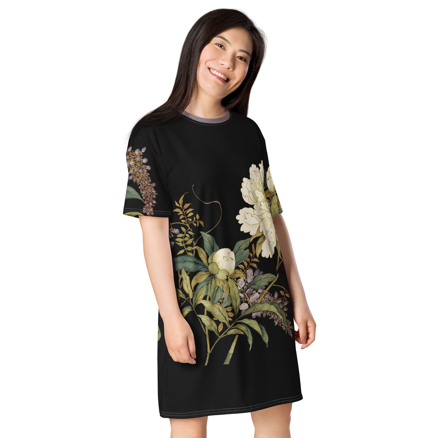 The Spirit of Flowers in Twelve Months｜Chinese Peony and Wisteria in Bloom｜T-shirt dress｜Black