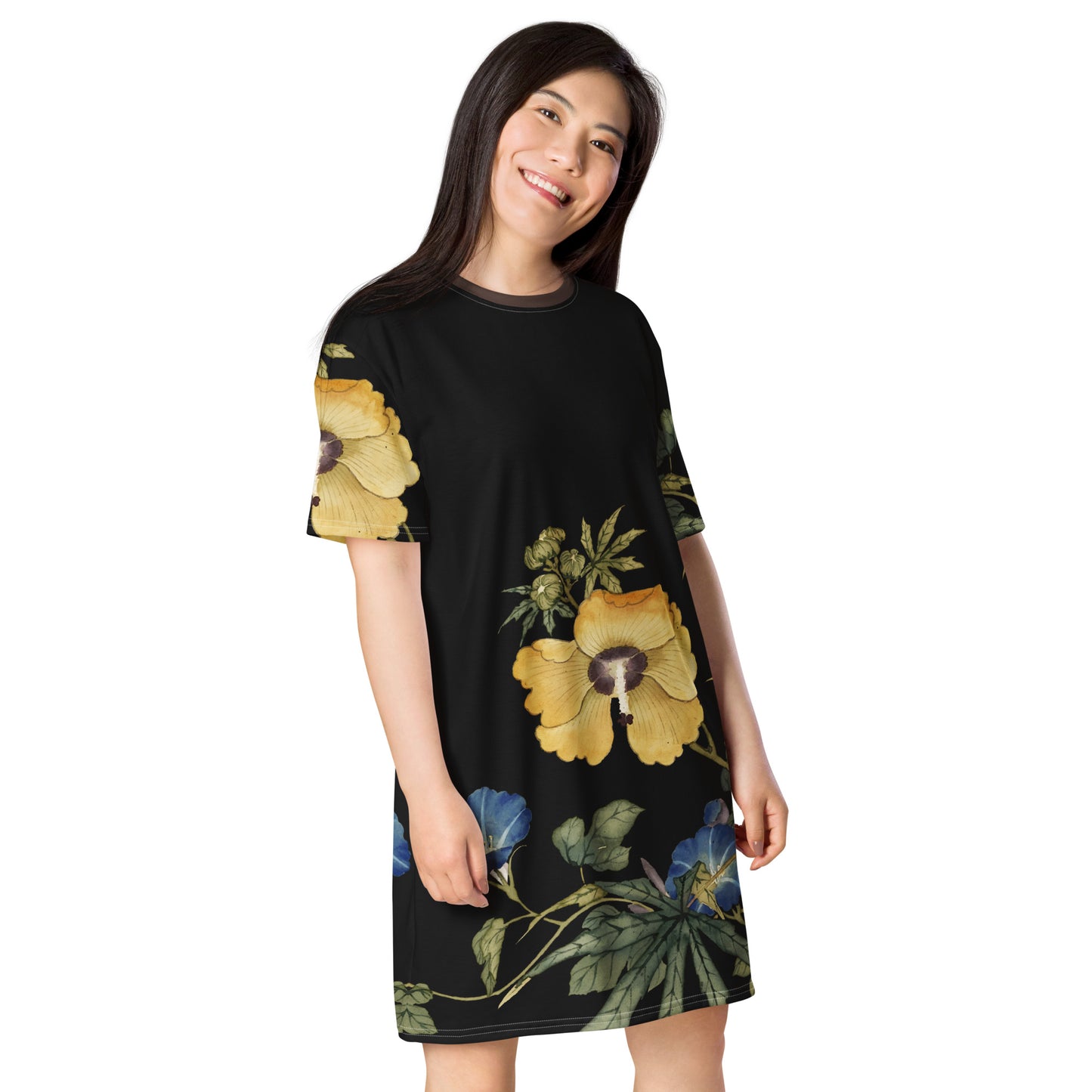 The Spirit of Flowers in Twelve Months｜Okra and White-edged Morning Glory in Bloom｜T-shirt dress｜Black