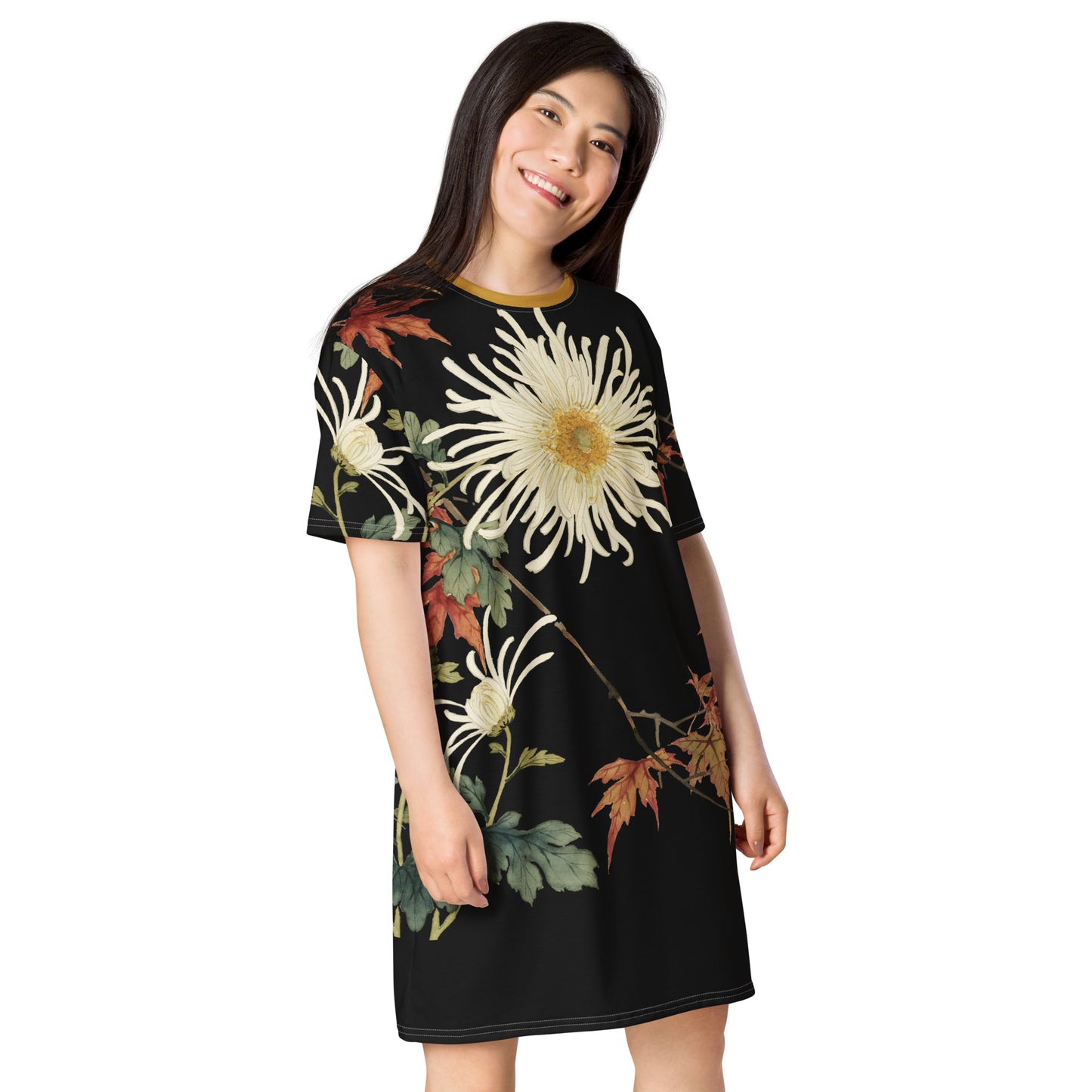 The Spirit of Flowers in Twelve Months｜Blooming Chrysanthemum and Maple Leaves｜T-shirt dress｜Black