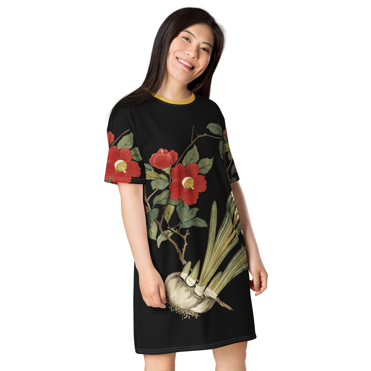 The Spirit of Flowers in Twelve Months｜Narcissus and Camelia in Bloom｜T-shirt dress｜Black