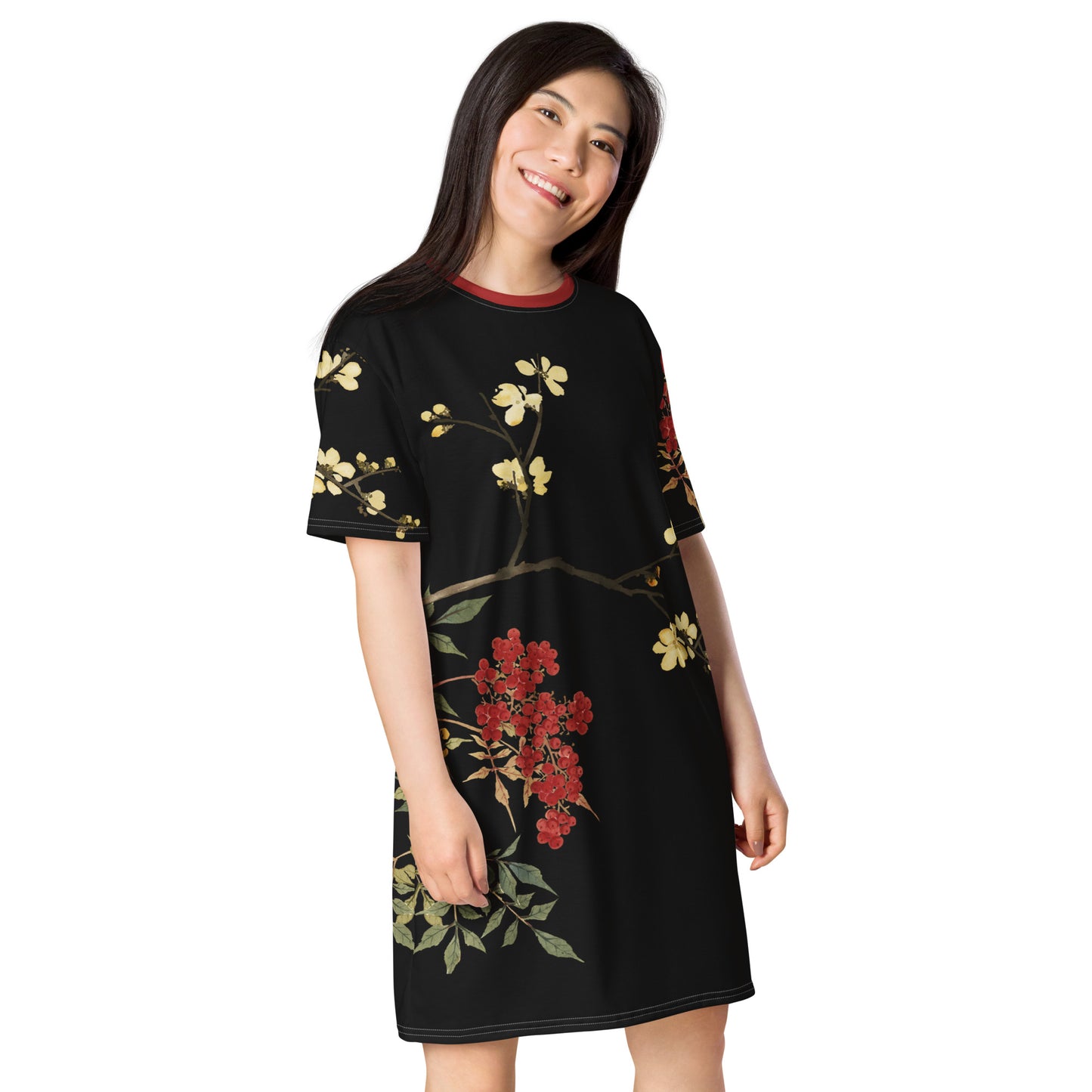 The Spirit of Flowers in Twelve Months｜Blooming Wintersweet and Heavenly Bamboo｜T-shirt dress｜Black