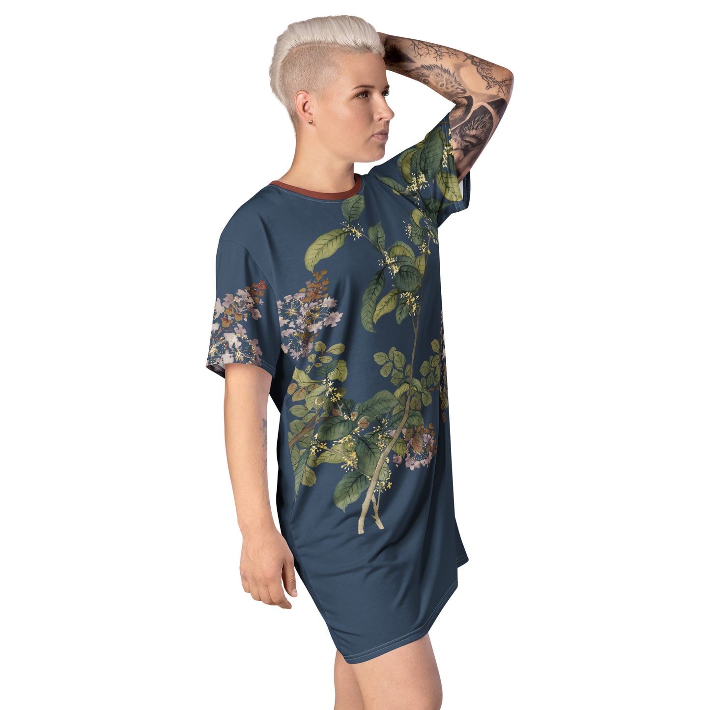 The Spirit of Flowers in Twelve Months｜Osmanthus and Crape Myrtle in Bloom｜T-shirt dress｜Dark blue