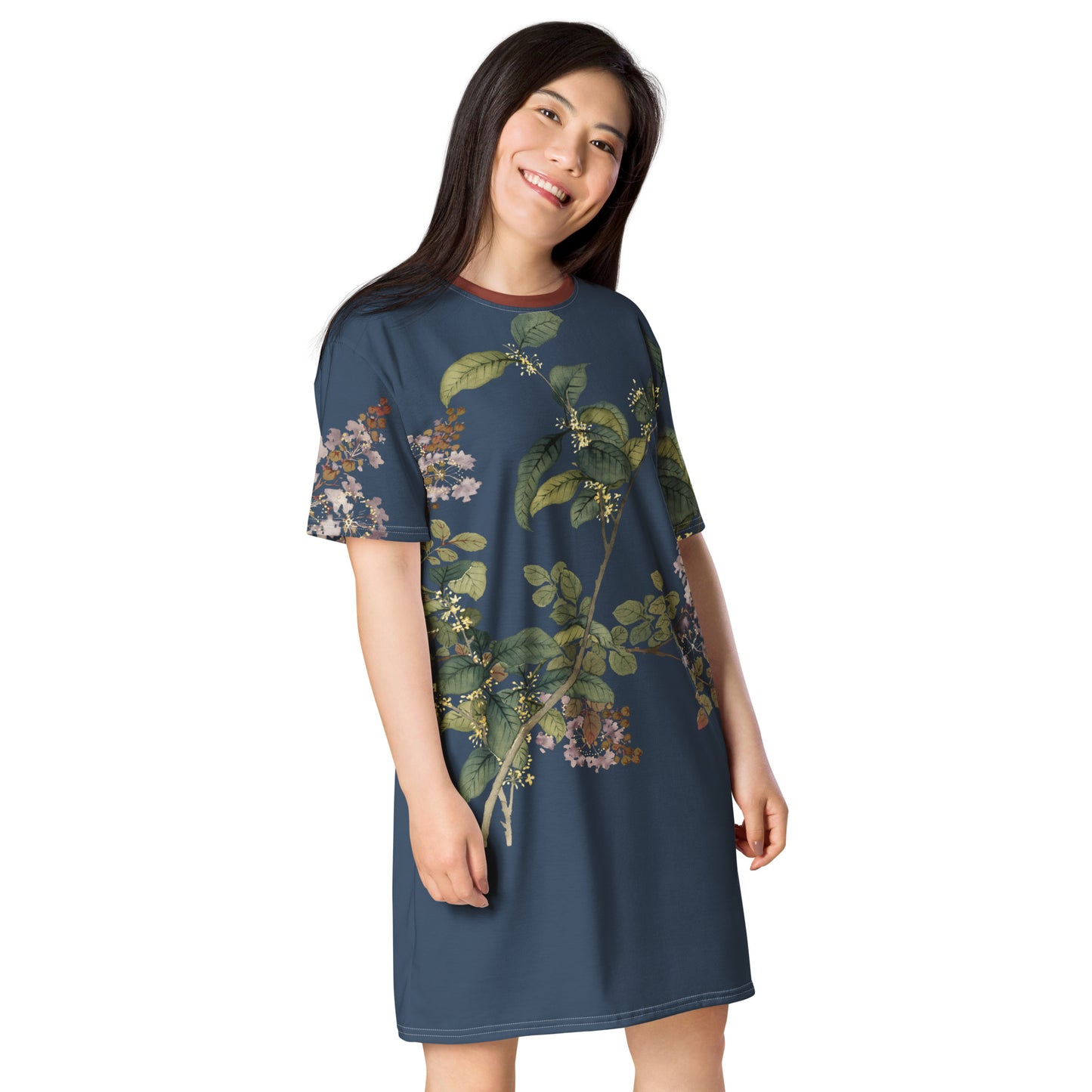 The Spirit of Flowers in Twelve Months｜Osmanthus and Crape Myrtle in Bloom｜T-shirt dress｜Dark blue