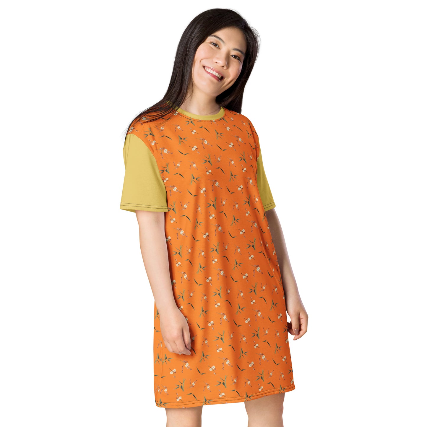 The Spirit of Flowers in Twelve Months｜Crimson Plum Blossom and Lush Green Bamboo｜T-shirt dress｜seamless print｜Orange