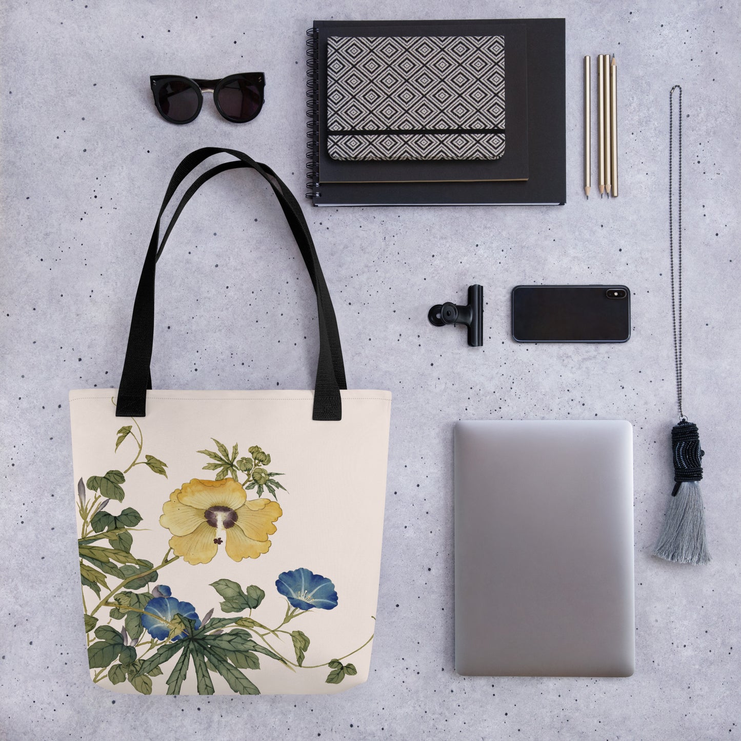 The Spirit of Flowers in Twelve Months｜Okra and White-edged Morning Glory in Bloom｜Tote bag｜Fish belly white