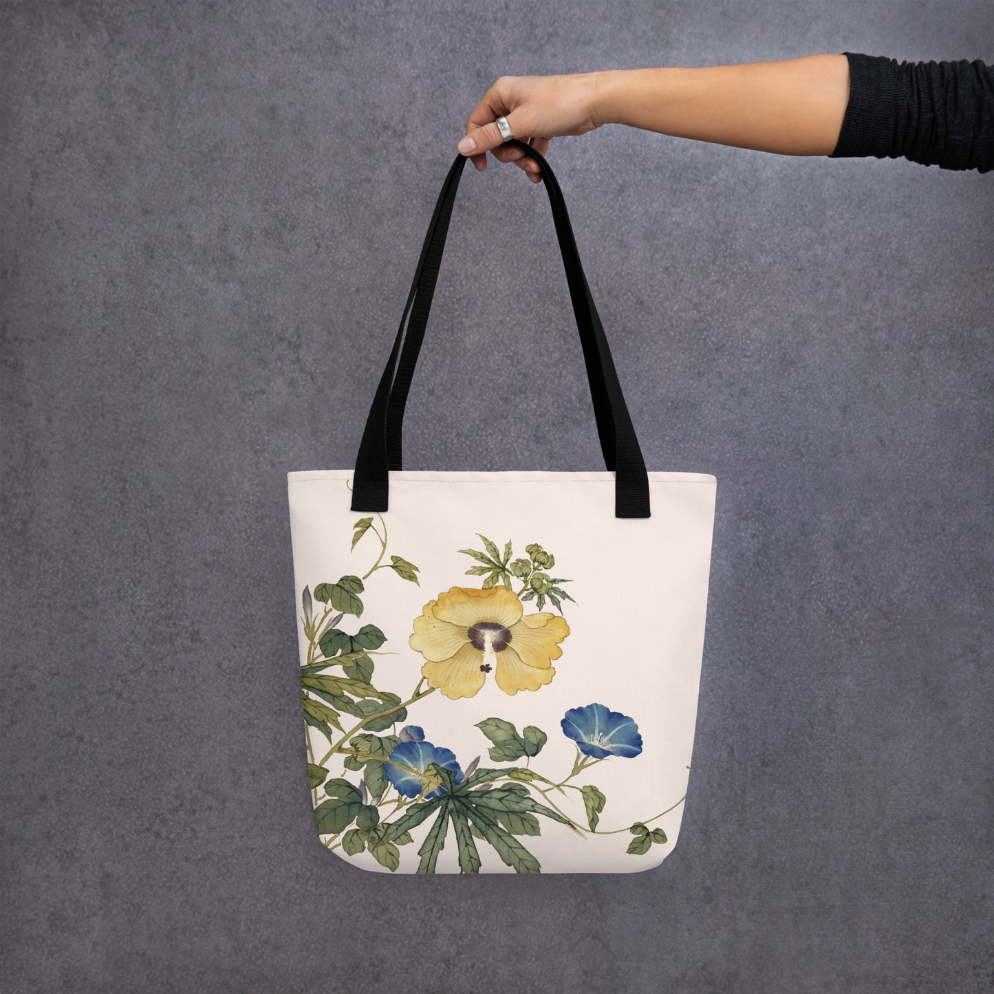 The Spirit of Flowers in Twelve Months｜Okra and White-edged Morning Glory in Bloom｜Tote bag｜Fish belly white