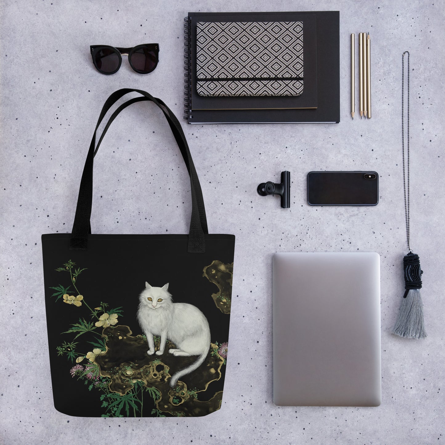 Cats And Butterflies Of Longevity｜A Cat amidst the Blooming Chrysanthemum and Okra｜Tote bag