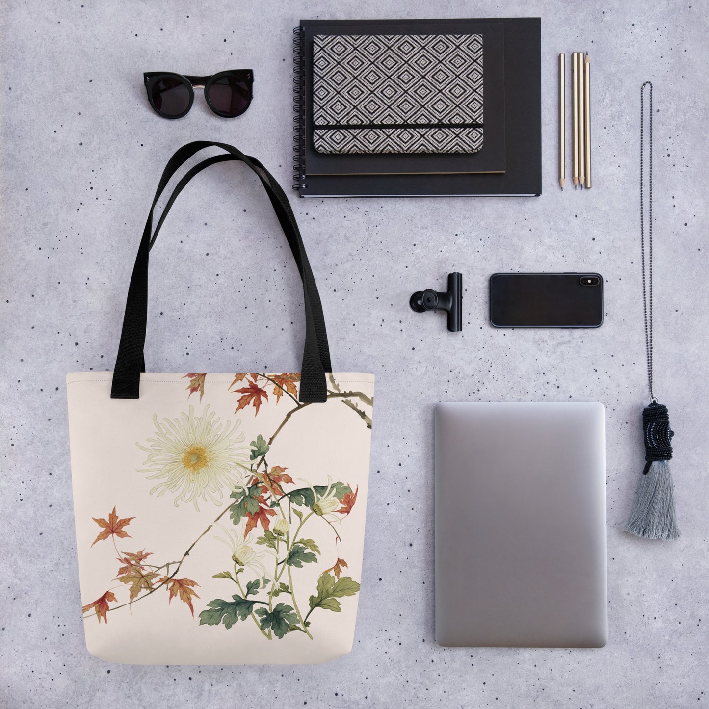 The Spirit of Flowers in Twelve Months｜Blooming Chrysanthemum and Maple Leaves｜Tote bag｜Fish belly white