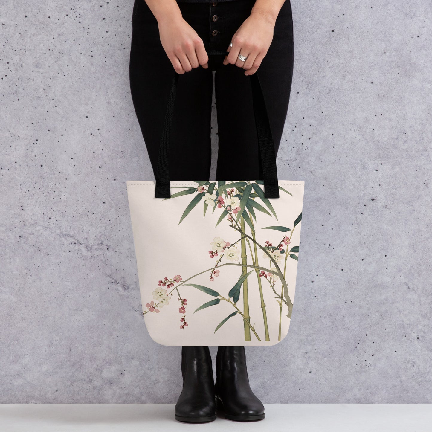 The Spirit of Flowers in Twelve Months｜Crimson Plum Blossom and Lush Green Bamboo｜Tote bag｜Fish belly white