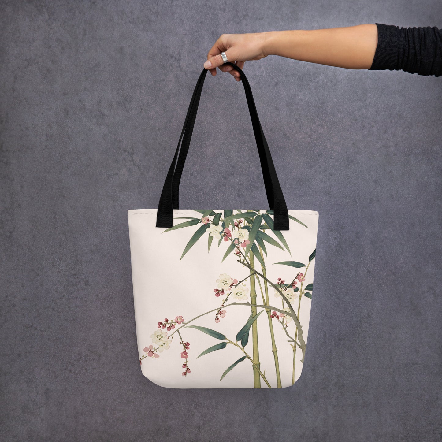 The Spirit of Flowers in Twelve Months｜Crimson Plum Blossom and Lush Green Bamboo｜Tote bag｜Fish belly white