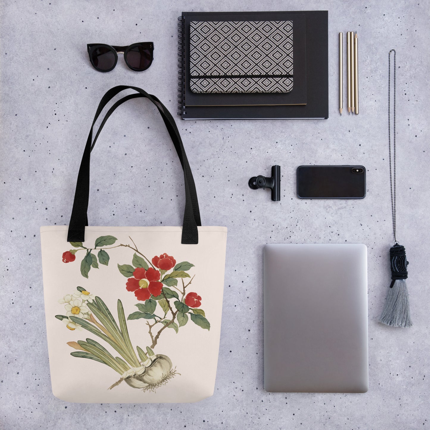 The Spirit of Flowers in Twelve Months｜Narcissus and Camelia in Bloom｜Tote bag｜Fish belly white