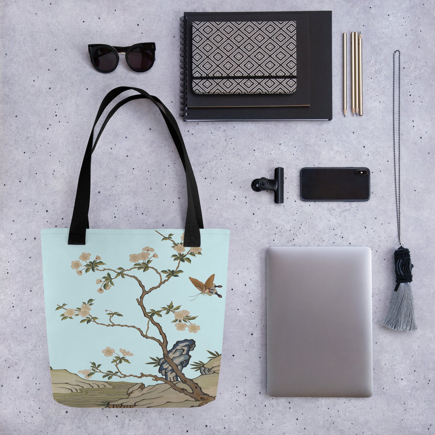 Kesi Flower Album｜Plum Blossoms and Butterfly｜Tote bag｜Aqua blue