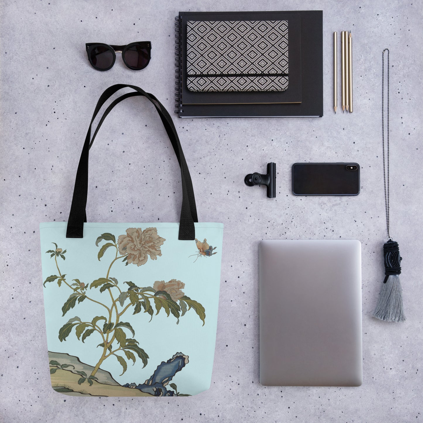 Kesi Flower Album｜Peonies and Butterfly｜Tote bag｜Aqua blue