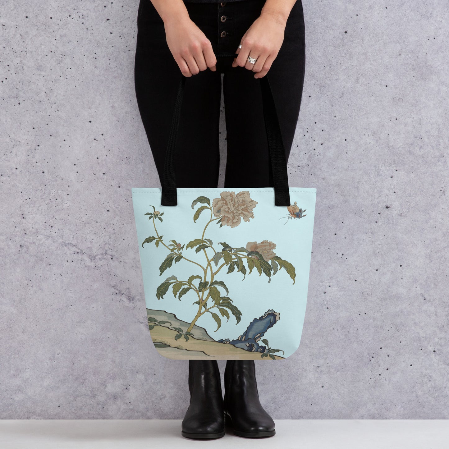 Kesi Flower Album｜Peonies and Butterfly｜Tote bag｜Aqua blue