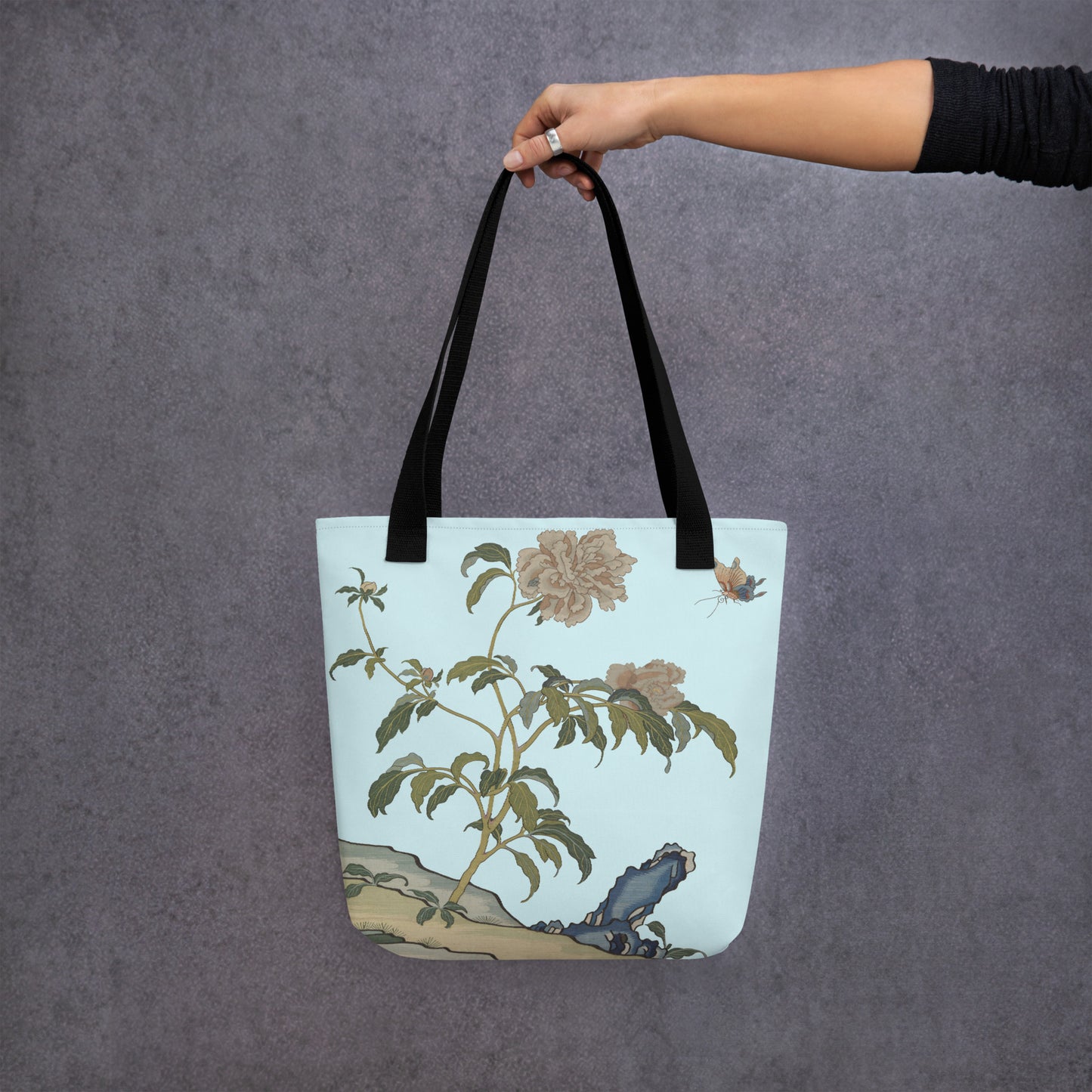 Kesi Flower Album｜Peonies and Butterfly｜Tote bag｜Aqua blue