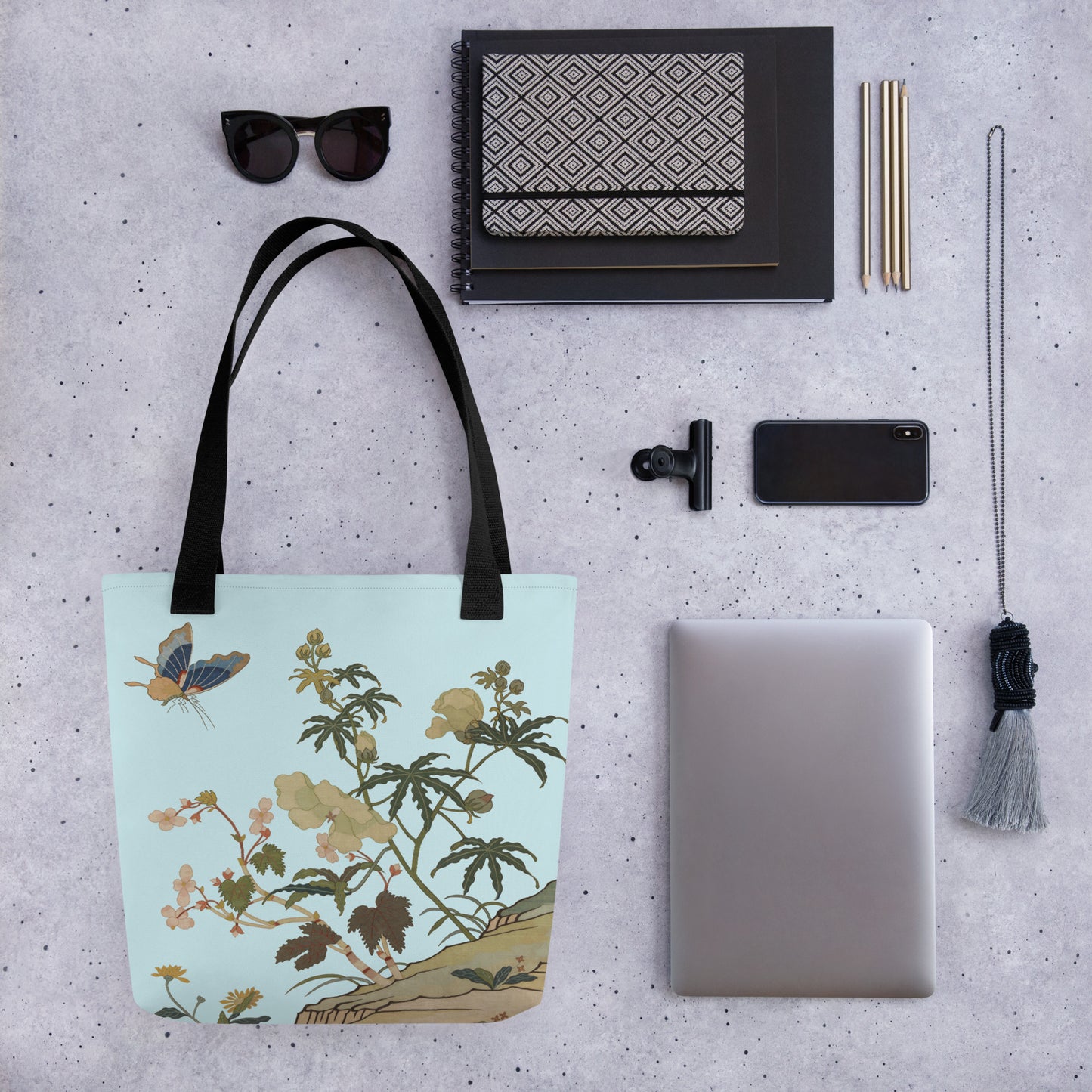 Kesi Flower Album｜Hibiscus and Begonia Blossoms｜Tote bag｜Aqua blue