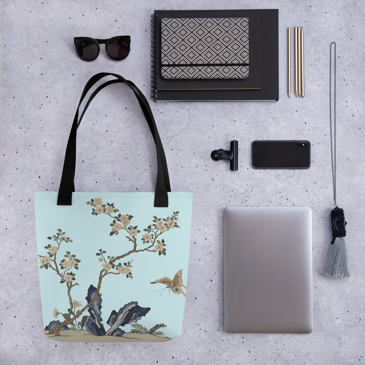 Kesi Flower Album｜White Plum Blossoms and Butterfly｜Tote bag｜Aqua blue