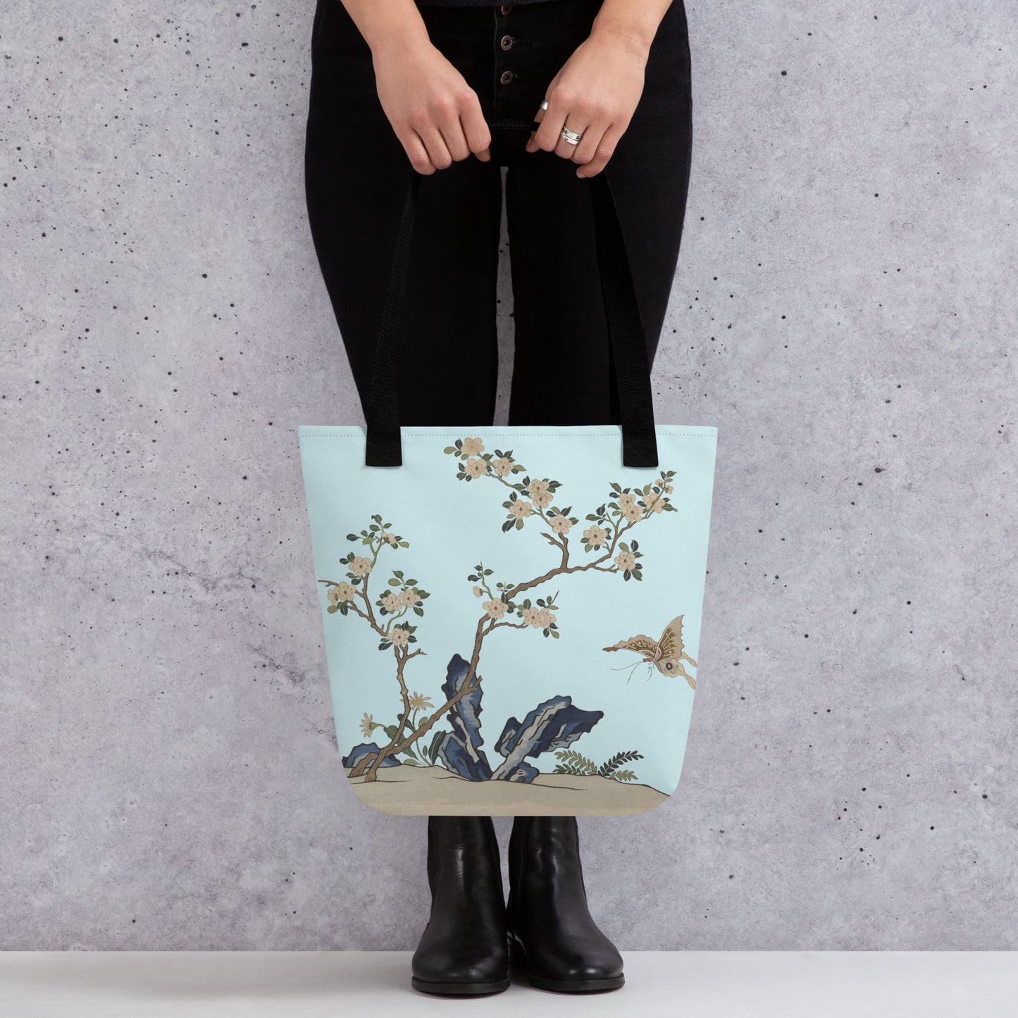 Kesi Flower Album｜White Plum Blossoms and Butterfly｜Tote bag｜Aqua blue