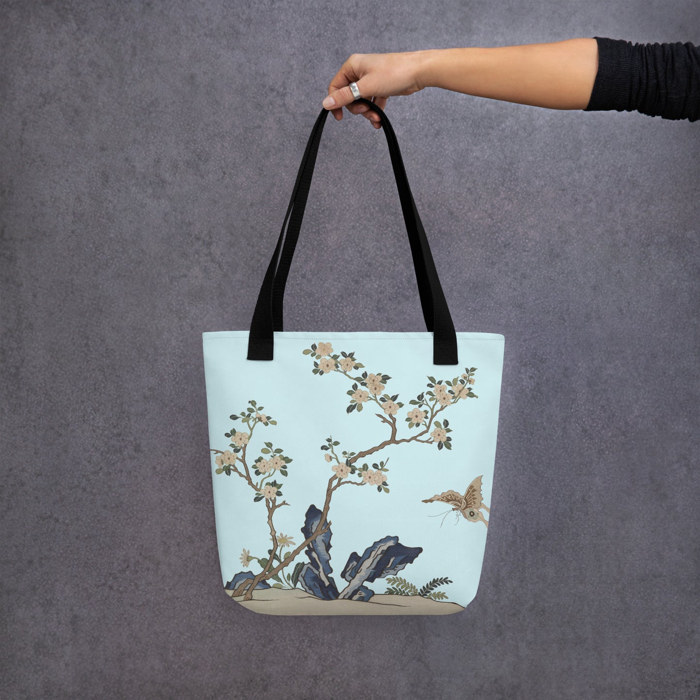 Kesi Flower Album｜White Plum Blossoms and Butterfly｜Tote bag｜Aqua blue