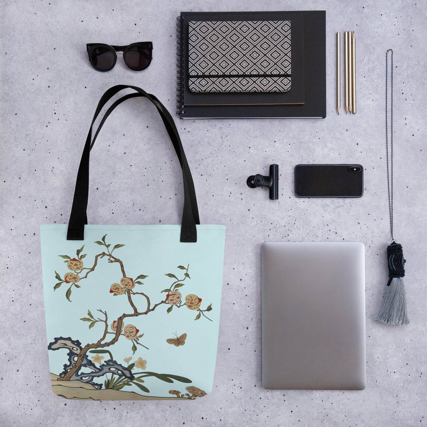 Kesi Flower Album｜Narcissus and Peaches｜Tote bag｜Aqua blue