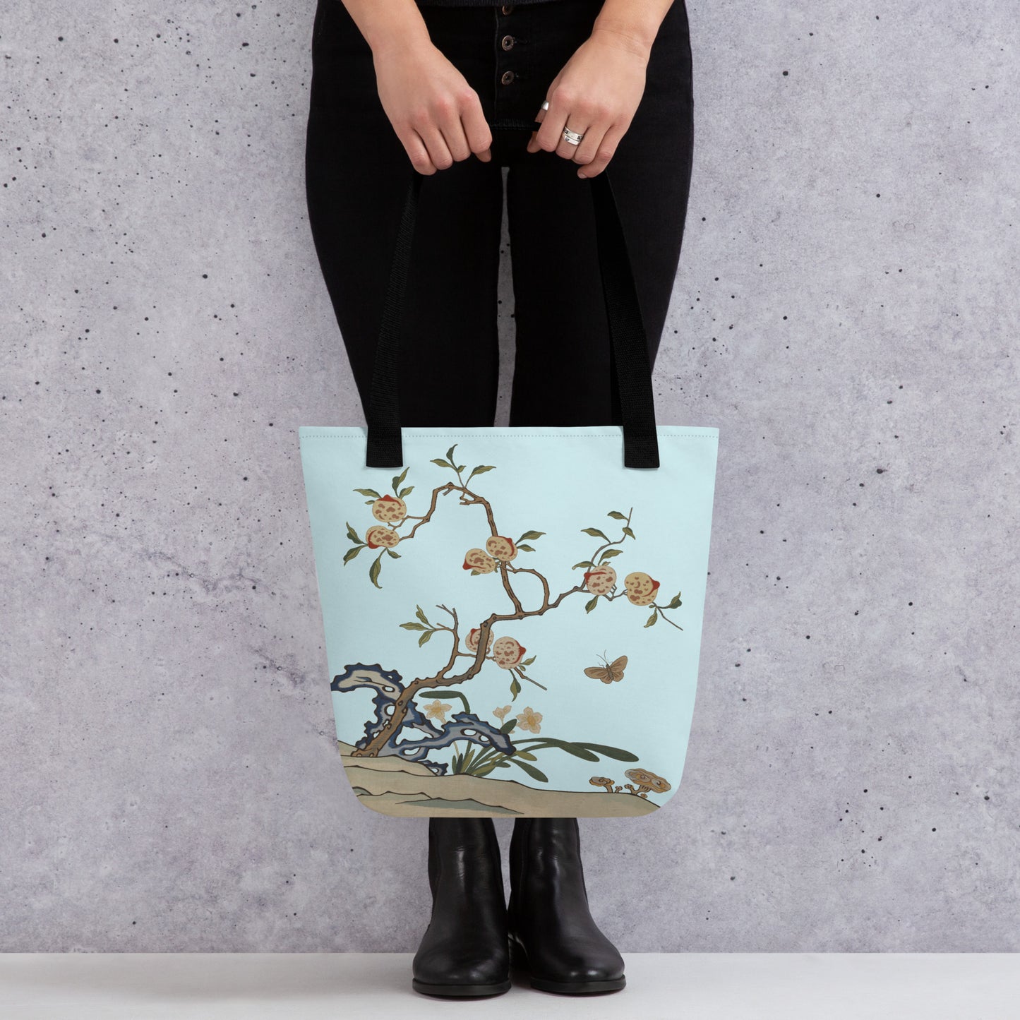 Kesi Flower Album｜Narcissus and Peaches｜Tote bag｜Aqua blue