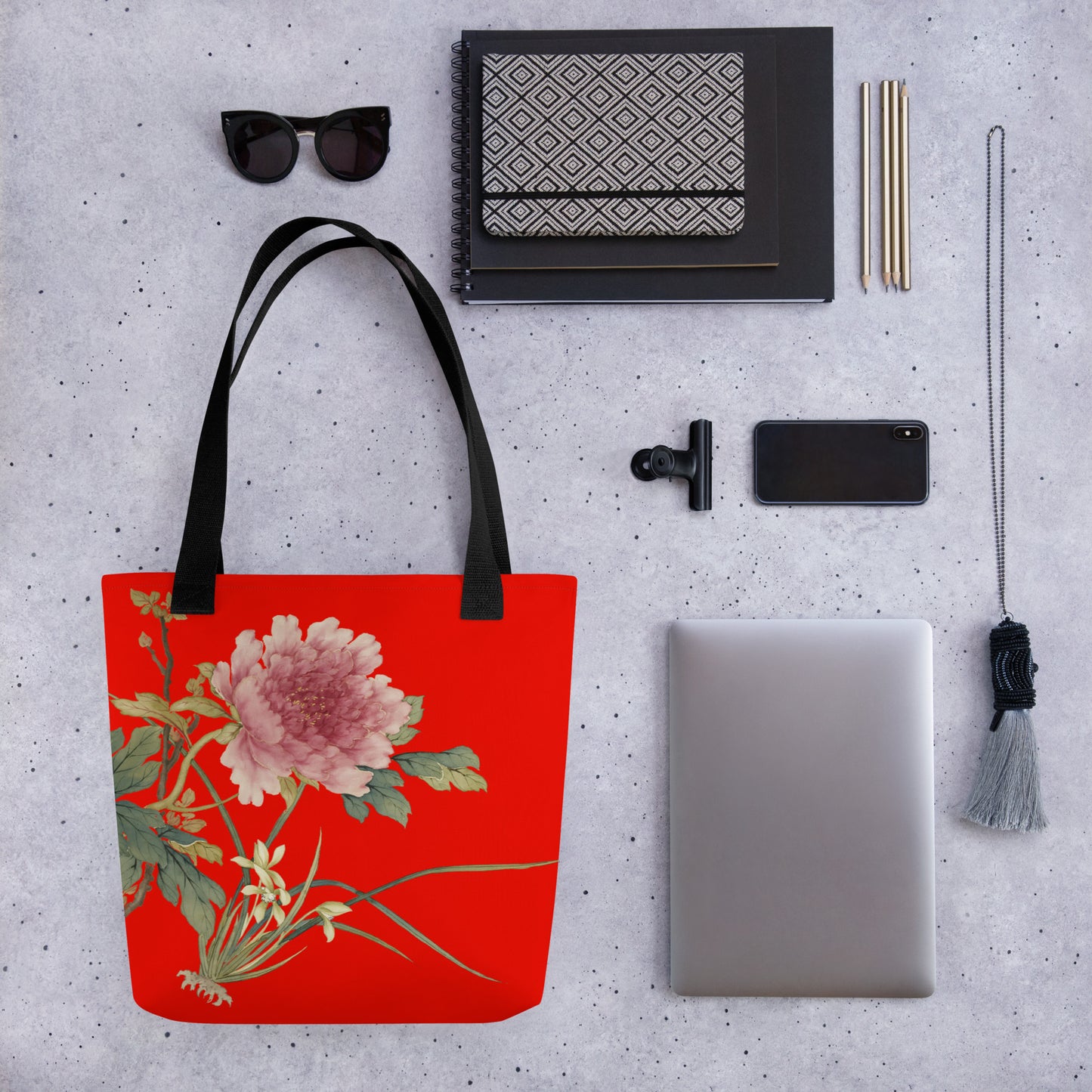 The Spirit of Flowers in Twelve Months｜Orchid and Tree Peony in Bloom｜Tote bag｜Garnet red