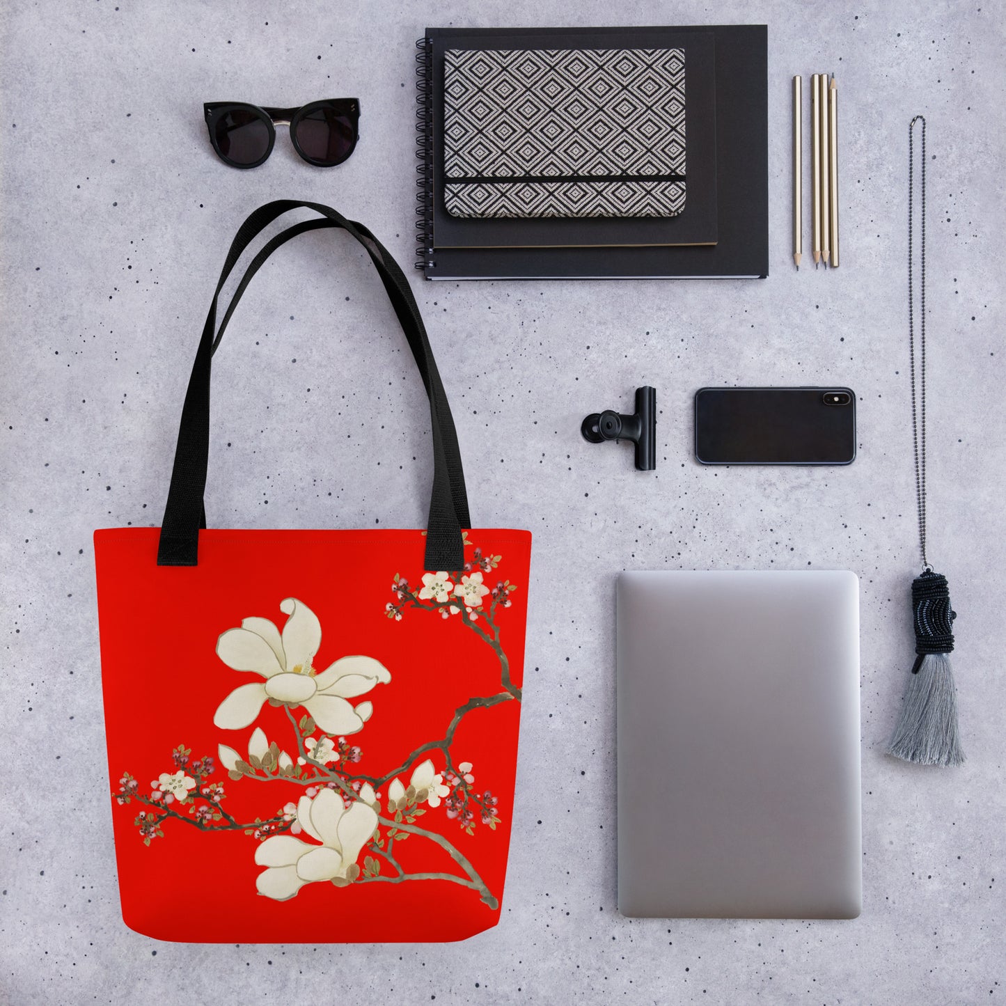 The Spirit of Flowers in Twelve Months｜Apricot and Lily Magnolia in Blossom｜Tote bag｜Garnet red