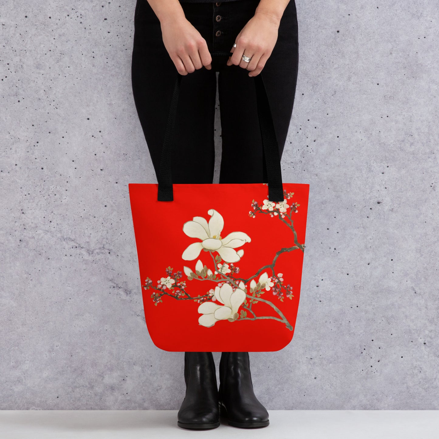 The Spirit of Flowers in Twelve Months｜Apricot and Lily Magnolia in Blossom｜Tote bag｜Garnet red