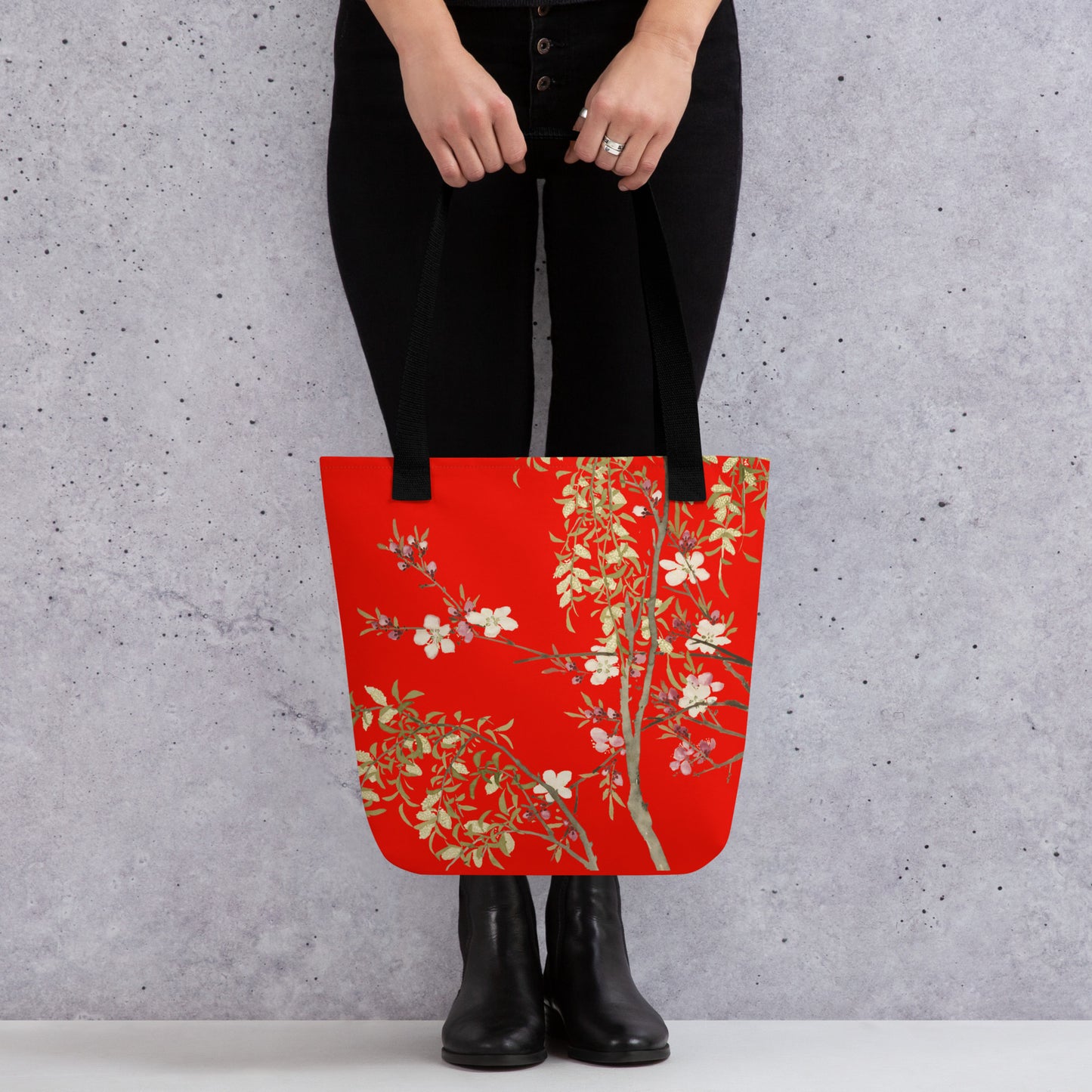 The Spirit of Flowers in Twelve Months｜Willow and Peach Blossom｜Tote bag｜Garnet red