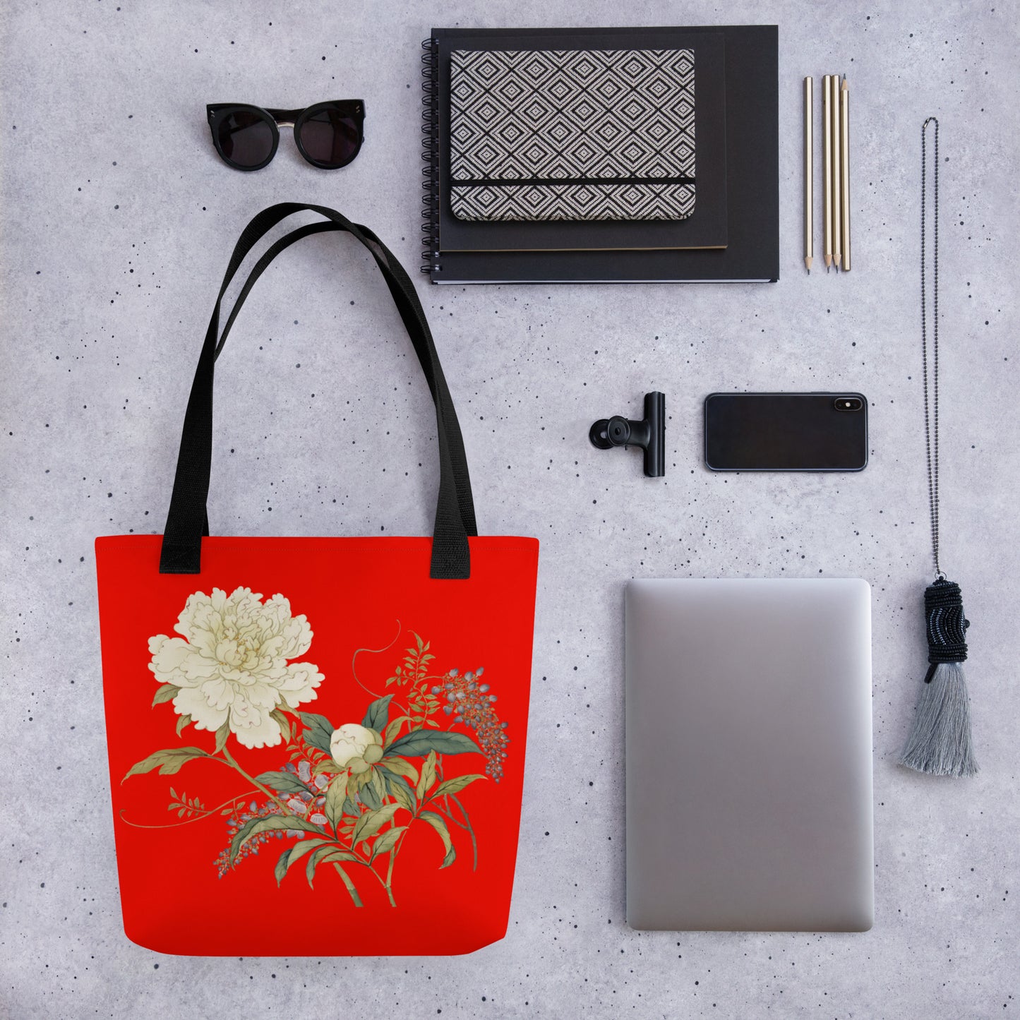 The Spirit of Flowers in Twelve Months｜Chinese Peony and Wisteria in Bloom｜Tote bag｜Garnet red