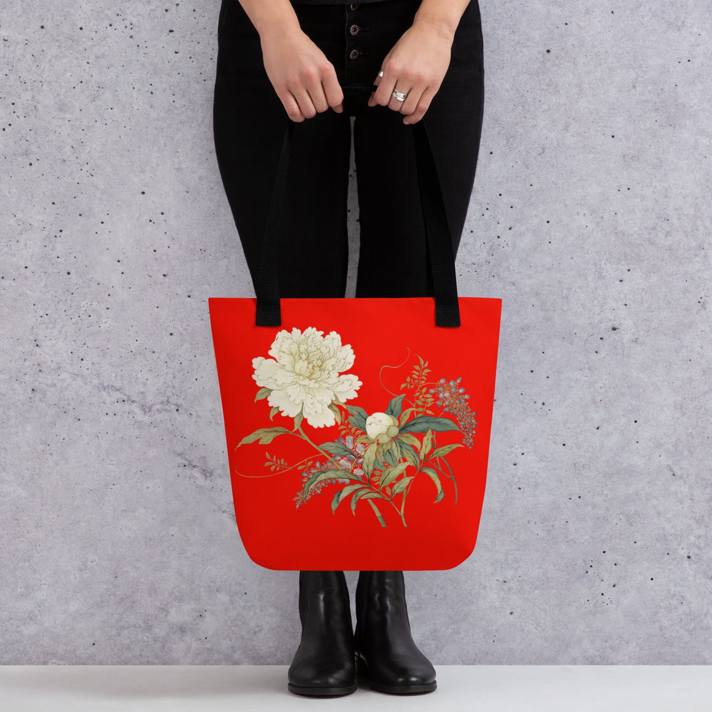 The Spirit of Flowers in Twelve Months｜Chinese Peony and Wisteria in Bloom｜Tote bag｜Garnet red