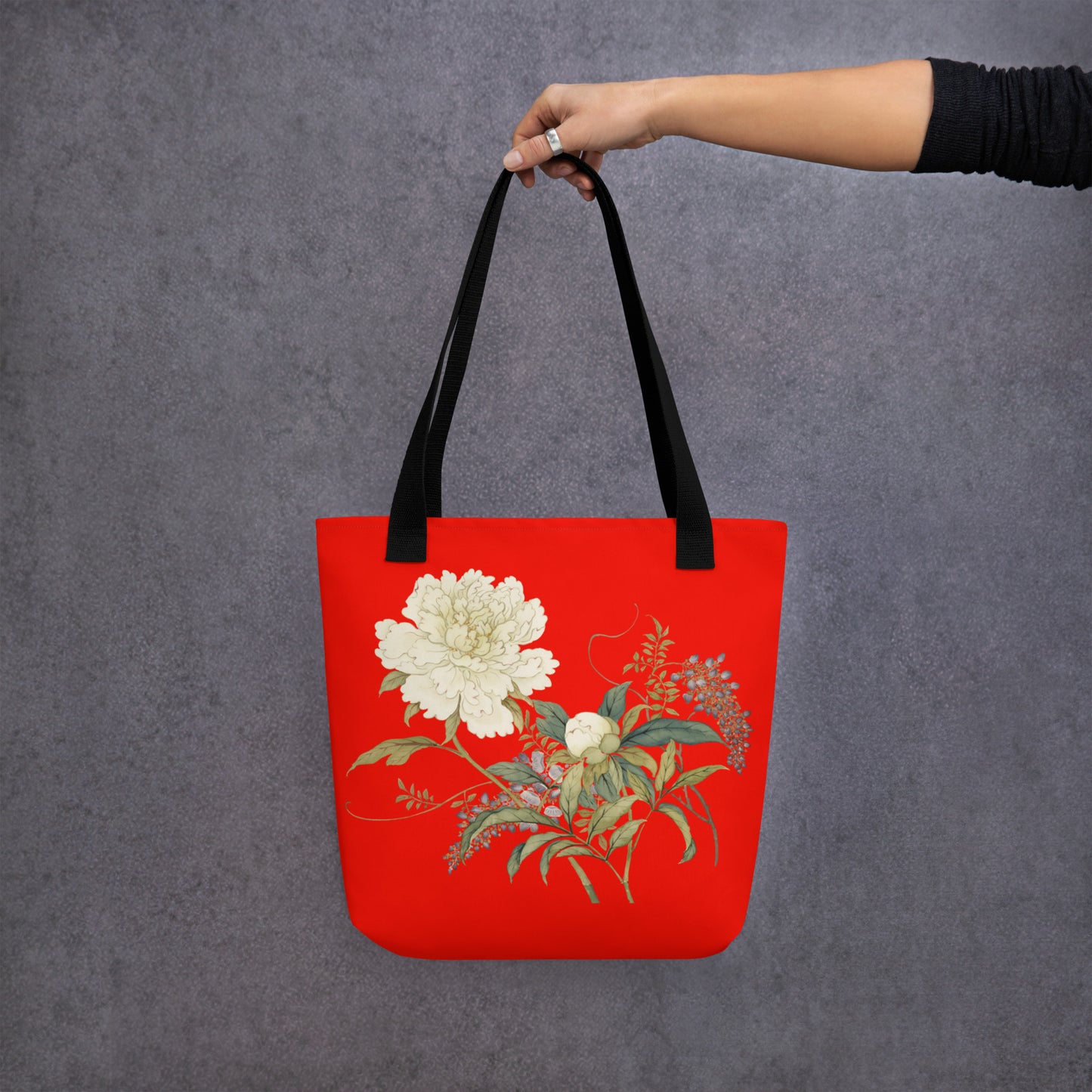 The Spirit of Flowers in Twelve Months｜Chinese Peony and Wisteria in Bloom｜Tote bag｜Garnet red