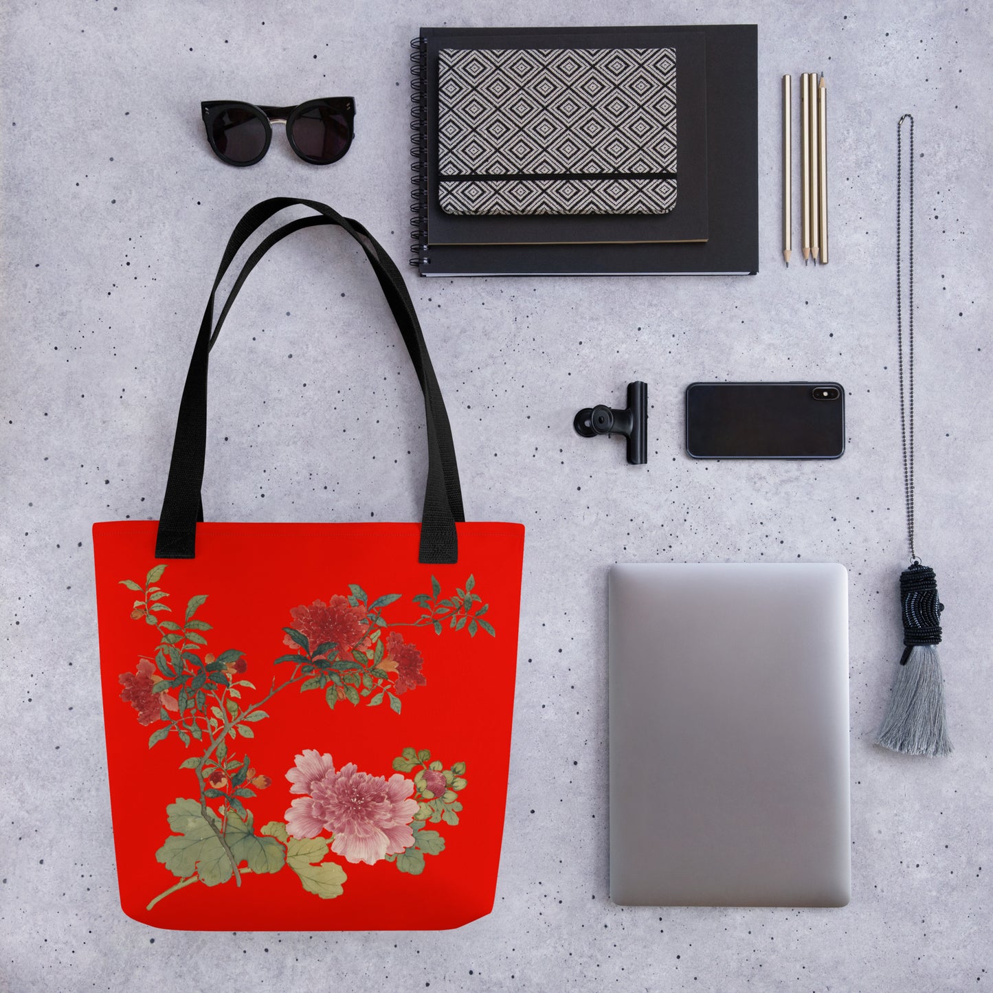 The Spirit of Flowers in Twelve Months｜Hollyhock and Pomegranate in Bloom｜Tote bag｜Garnet red