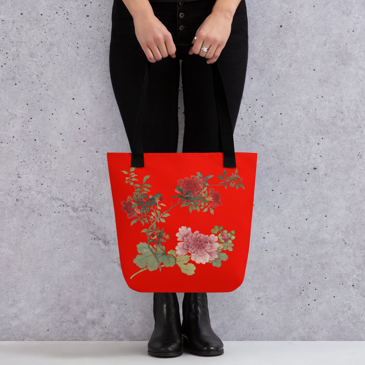 The Spirit of Flowers in Twelve Months｜Hollyhock and Pomegranate in Bloom｜Tote bag｜Garnet red