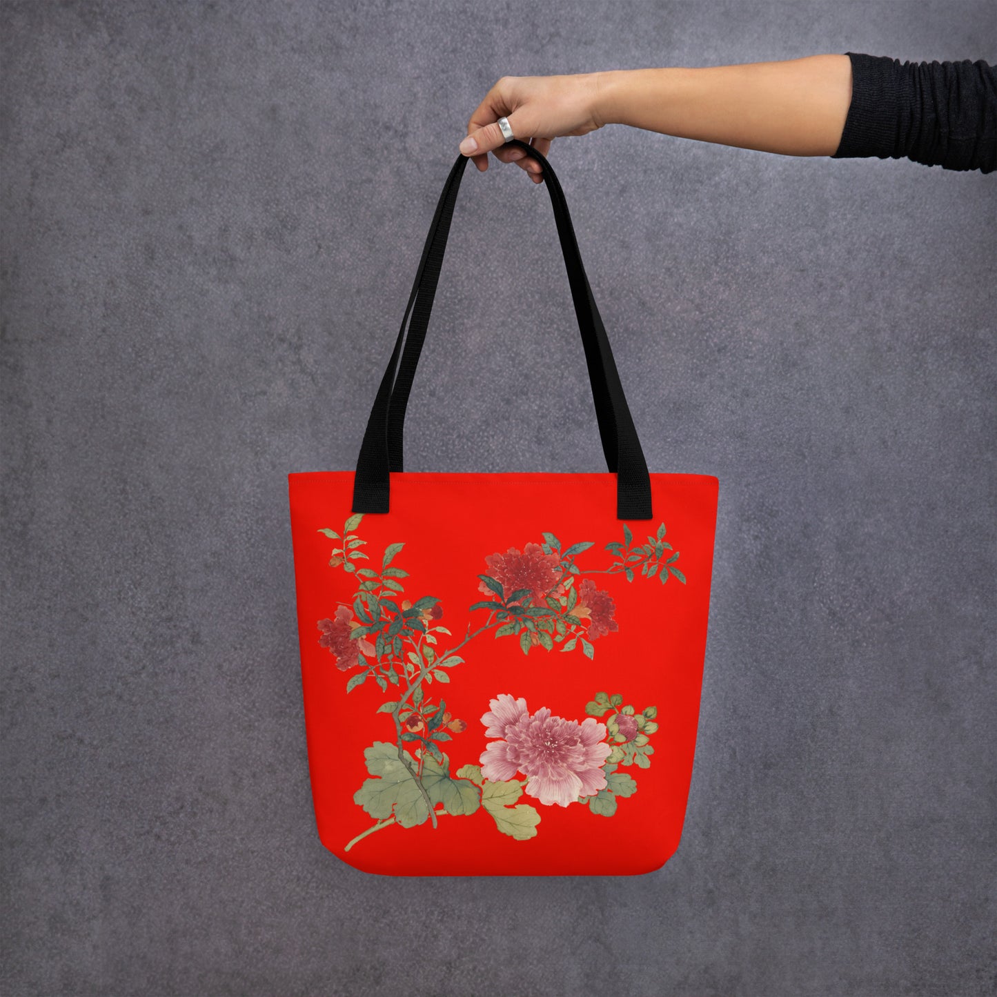 The Spirit of Flowers in Twelve Months｜Hollyhock and Pomegranate in Bloom｜Tote bag｜Garnet red