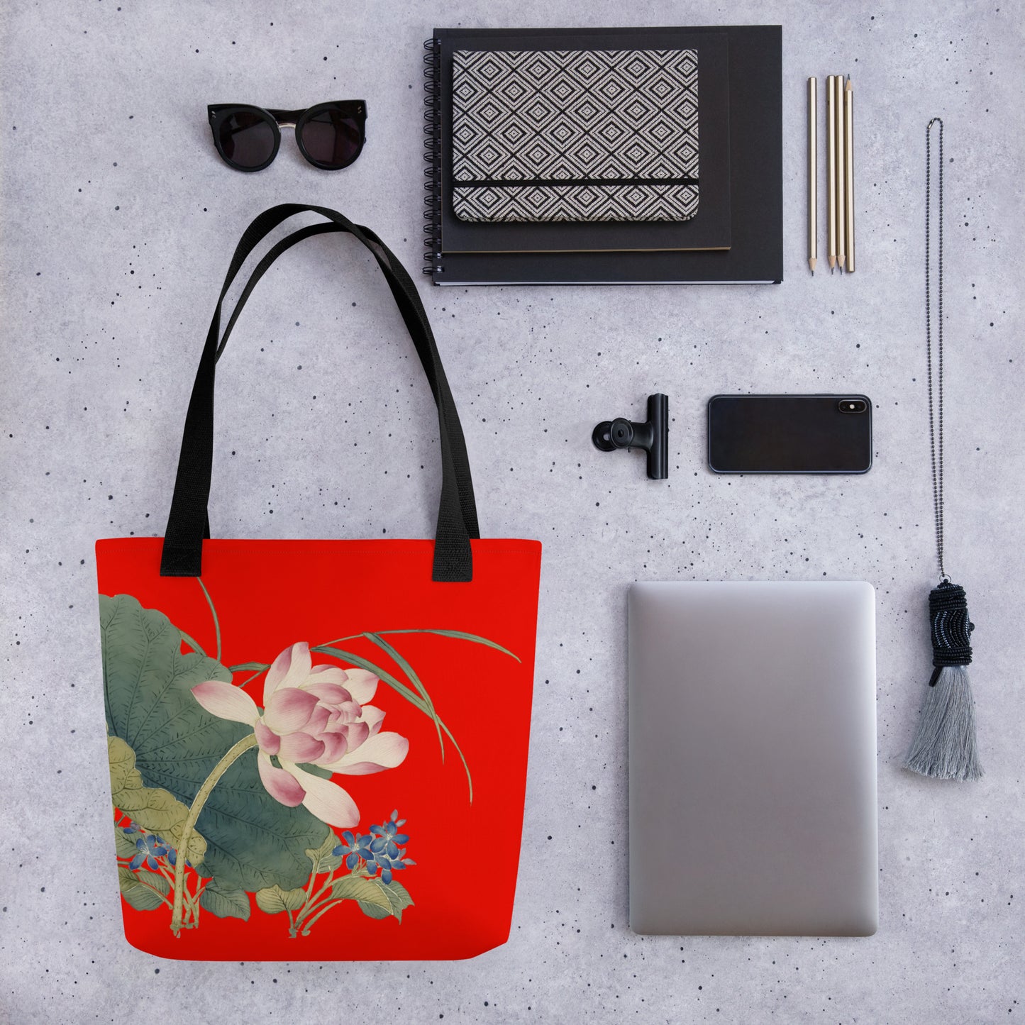 The Spirit of Flowers in Twelve Months｜Lotus in Bloom｜Tote bag｜Garnet red