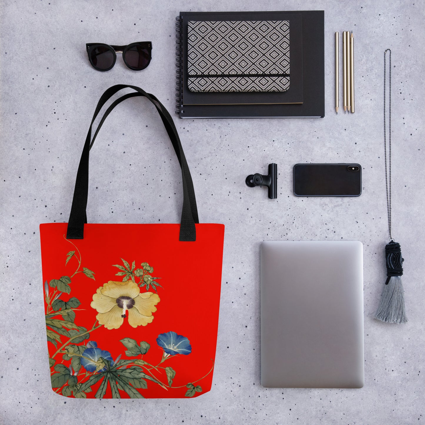 The Spirit of Flowers in Twelve Months｜Okra and White-edged Morning Glory in Bloom｜Tote bag｜Garnet red