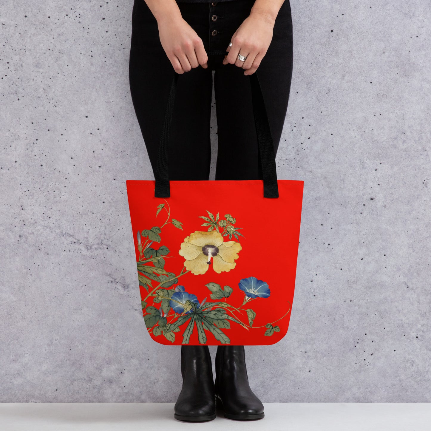 The Spirit of Flowers in Twelve Months｜Okra and White-edged Morning Glory in Bloom｜Tote bag｜Garnet red