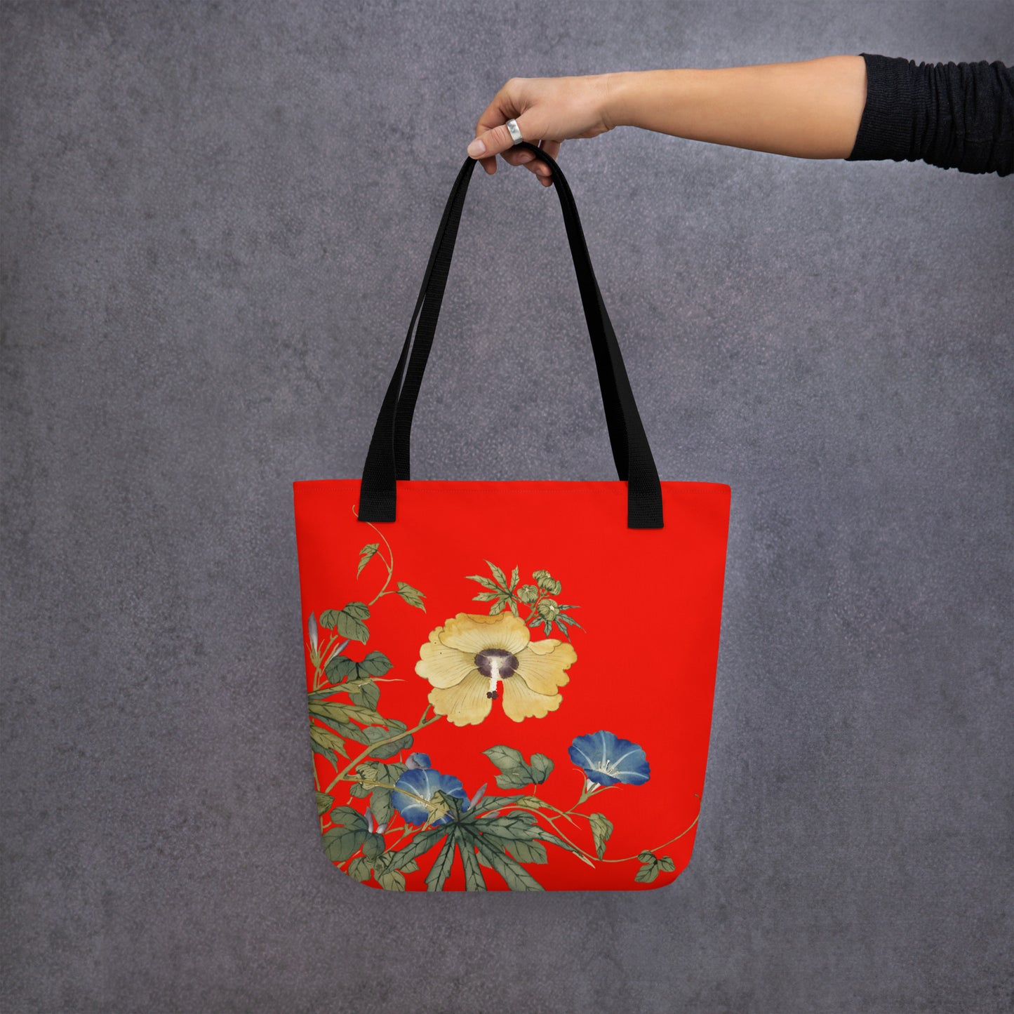 The Spirit of Flowers in Twelve Months｜Okra and White-edged Morning Glory in Bloom｜Tote bag｜Garnet red